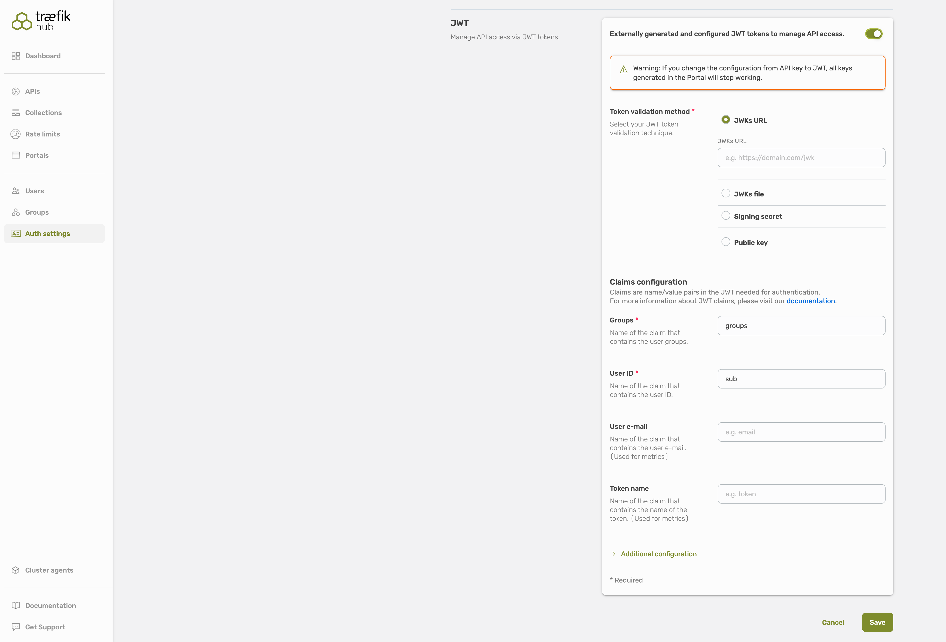 JWT settings form.
