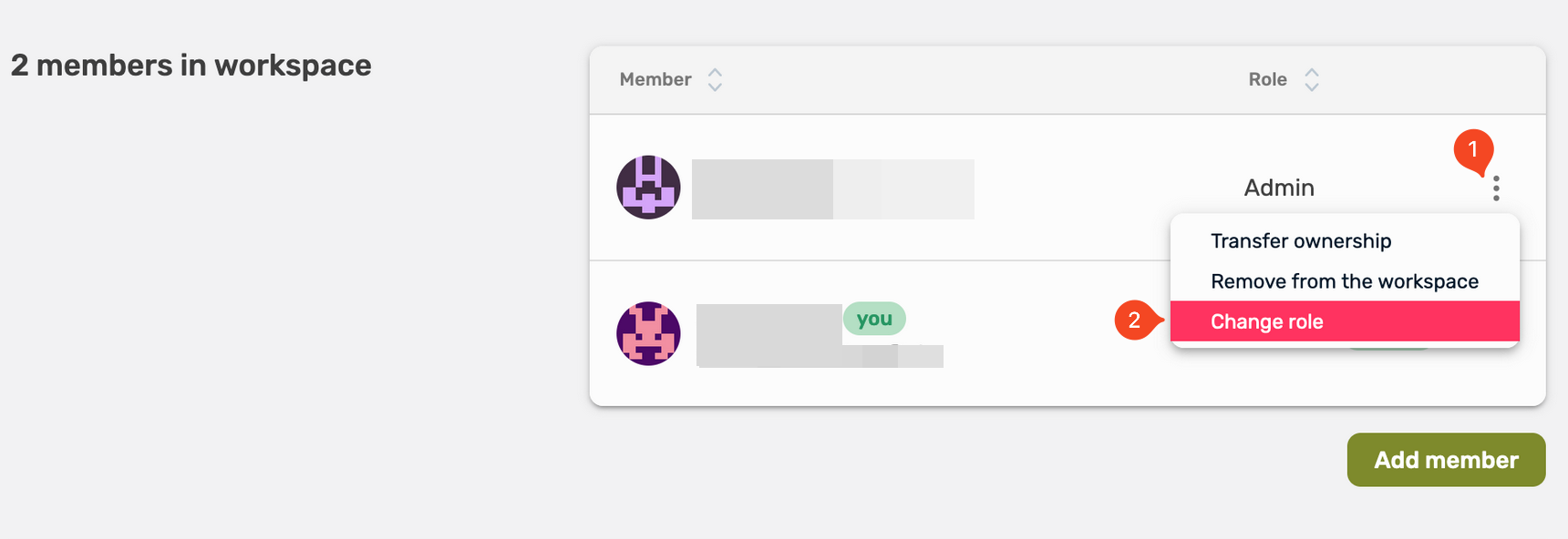 Picture of showing the dashboard about changing workspace roles UI