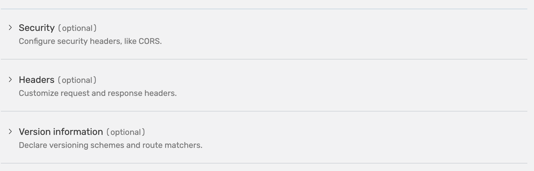 Picture of showing the dashboard about adding CORS, headers and API versioning UI