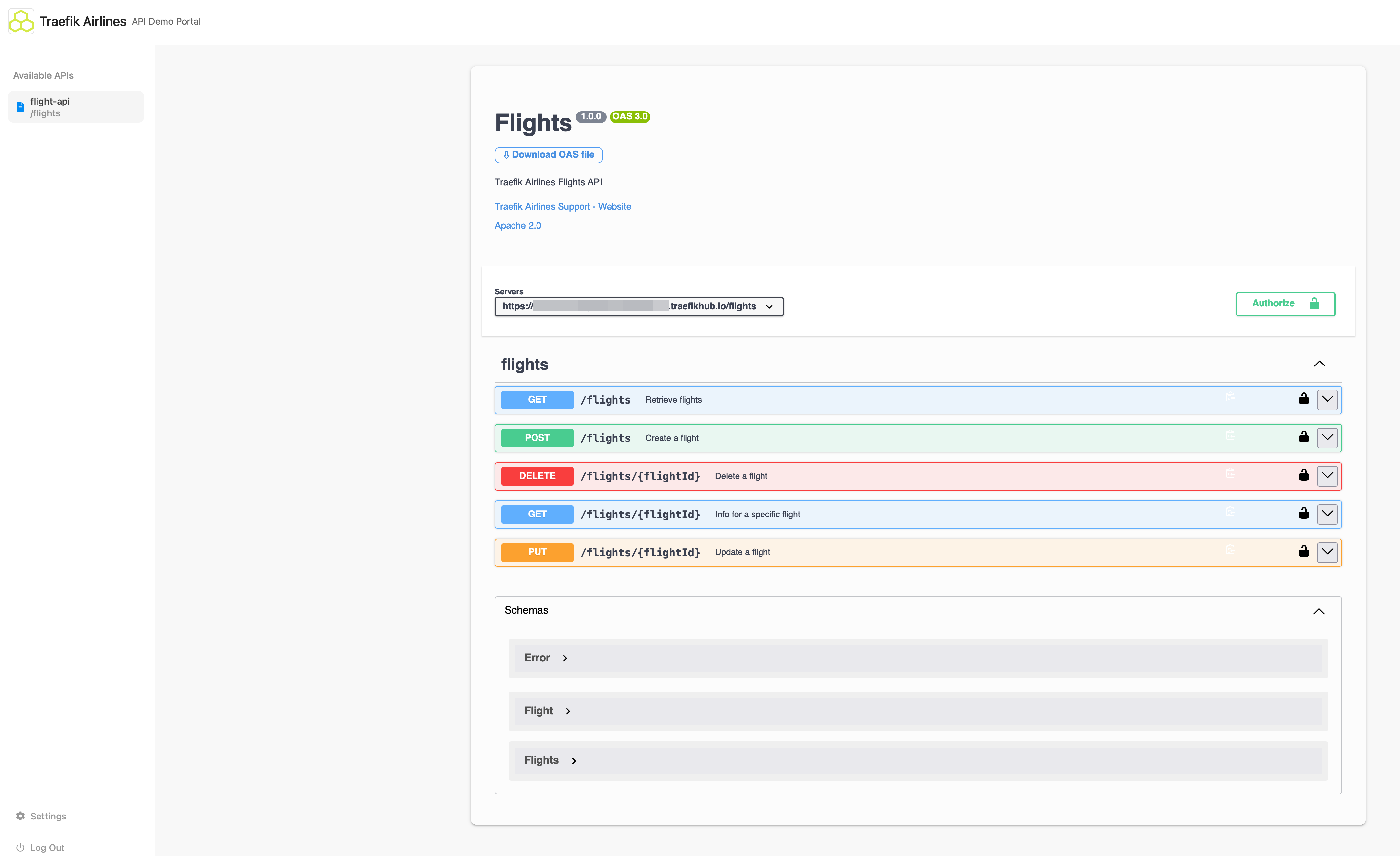 API Portal showing only the flight API. API Portal showing only the flight API.