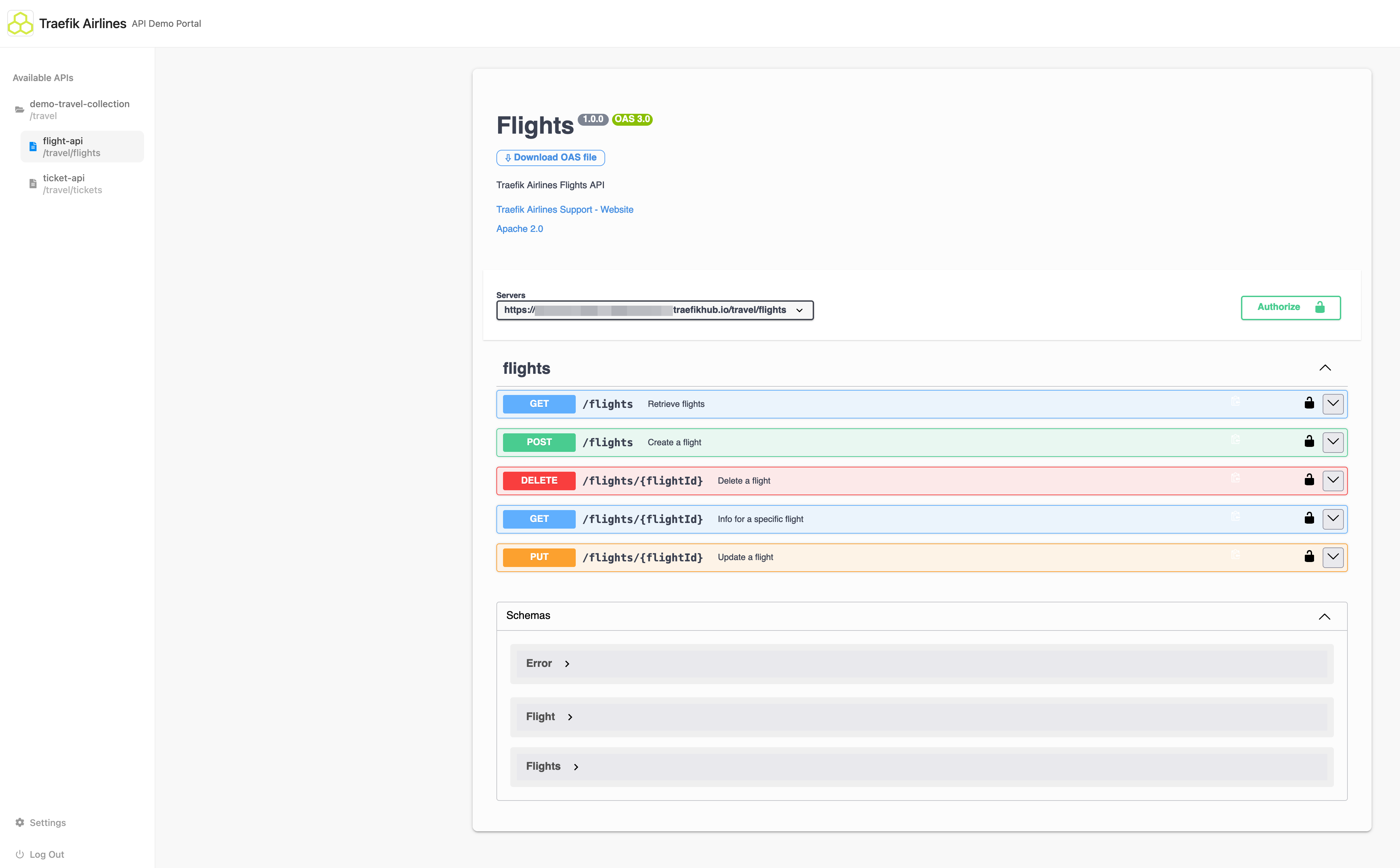 API Portal showing an API Collection. API Portal showing an API Collection.