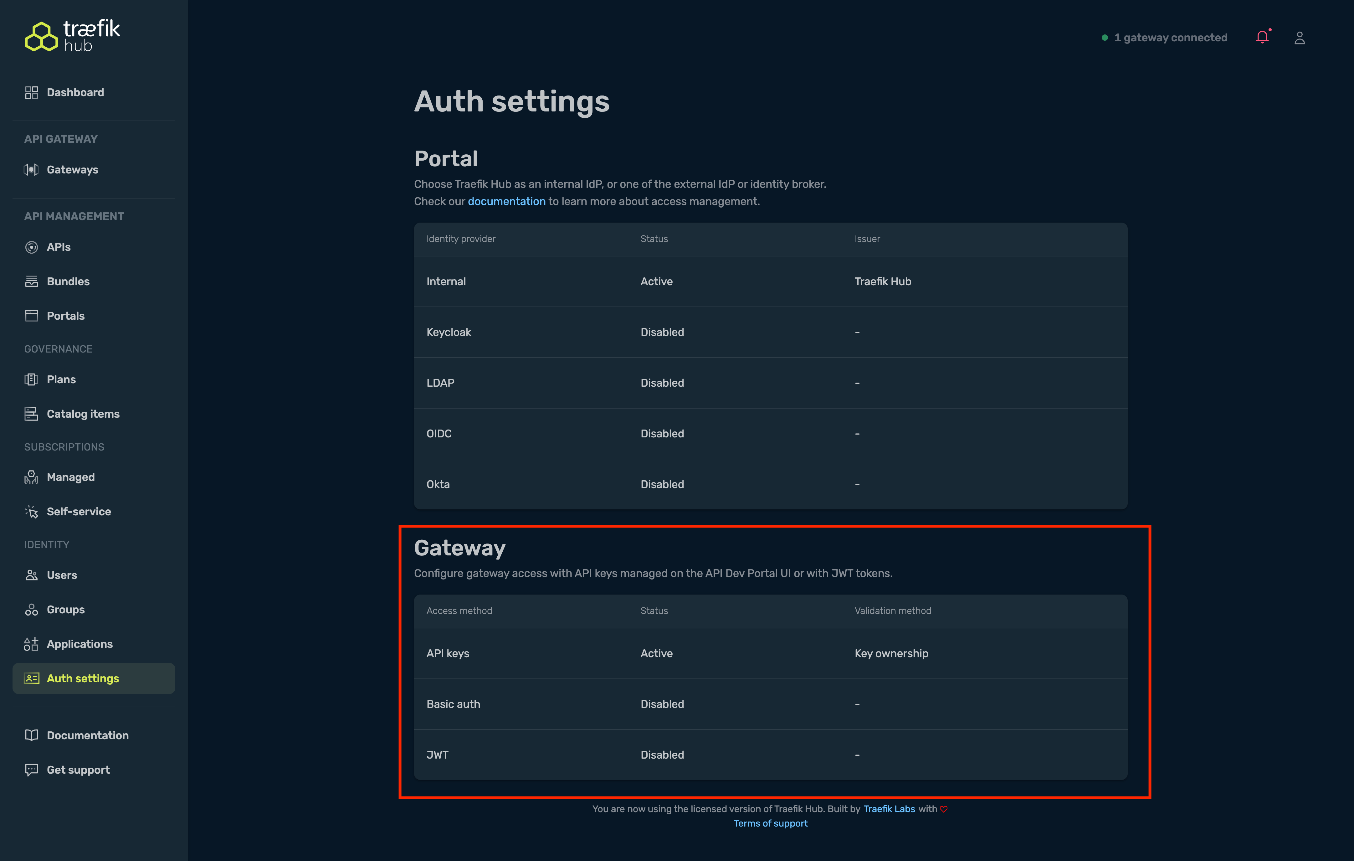 API auth configuration form in Hub UI showing LDAP option