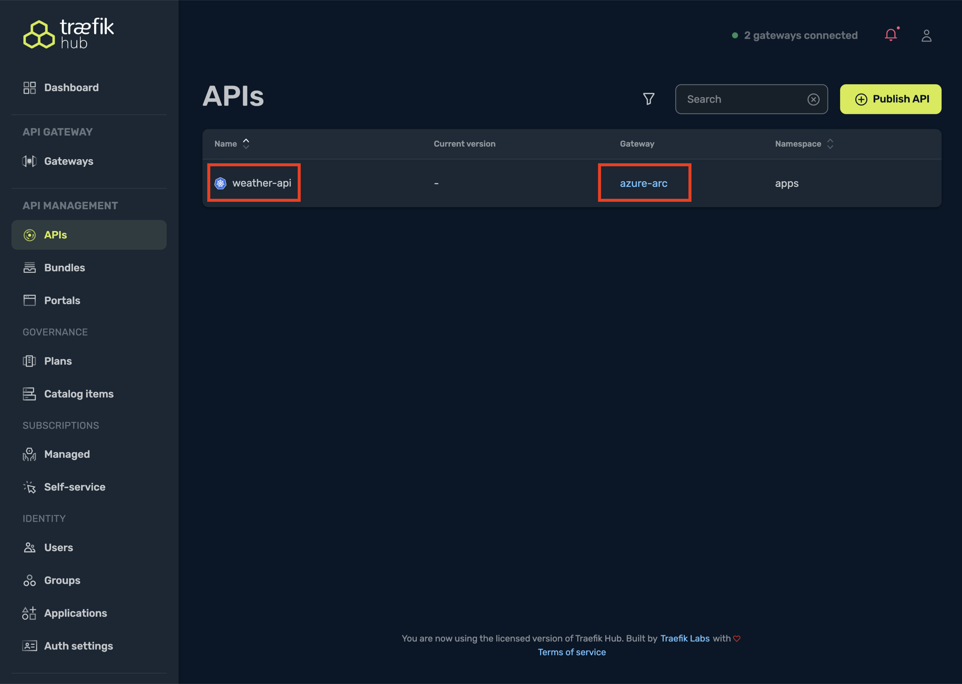 Verify API creation via Hub Online Dashboard