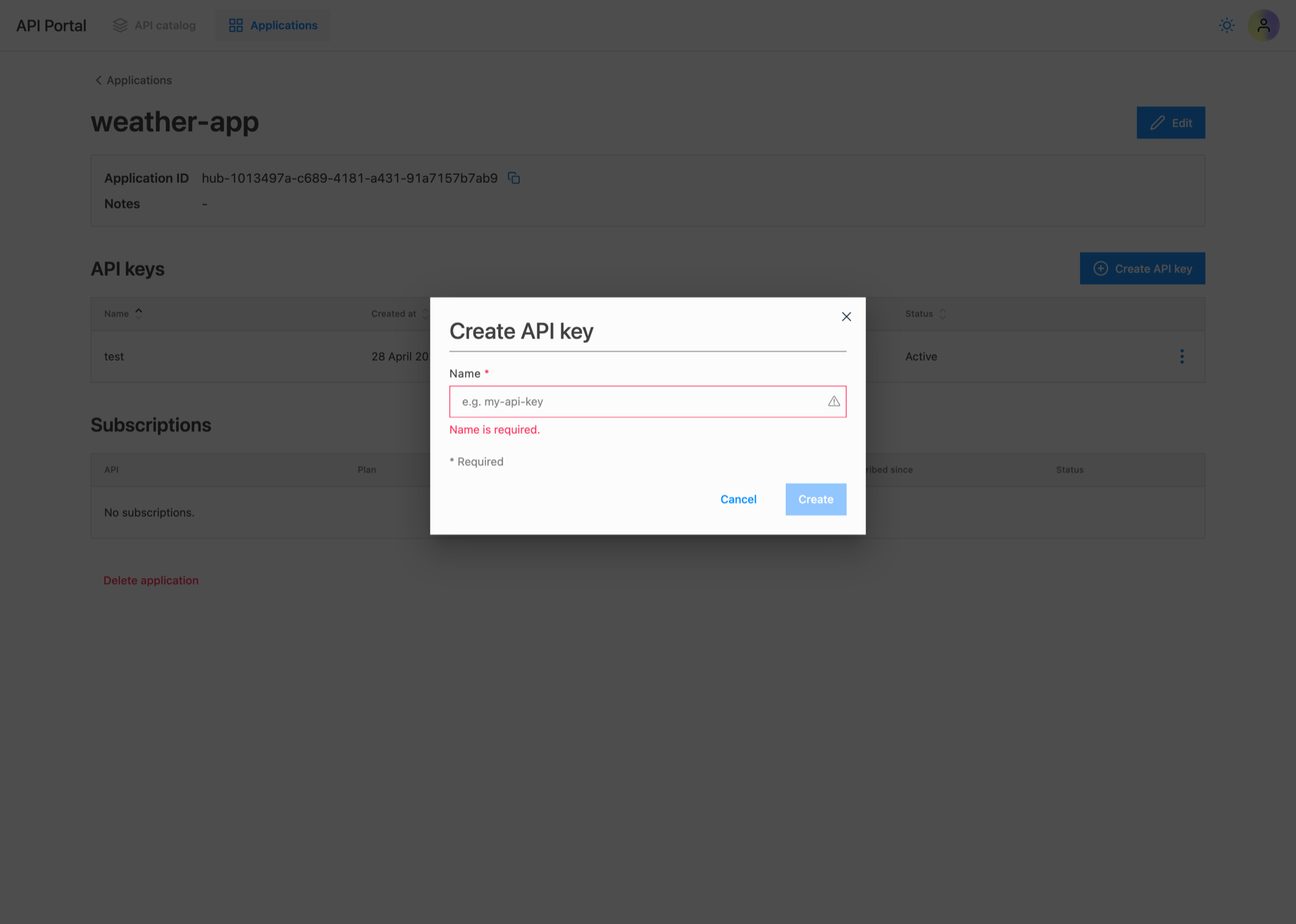 API Portal - Create API Key