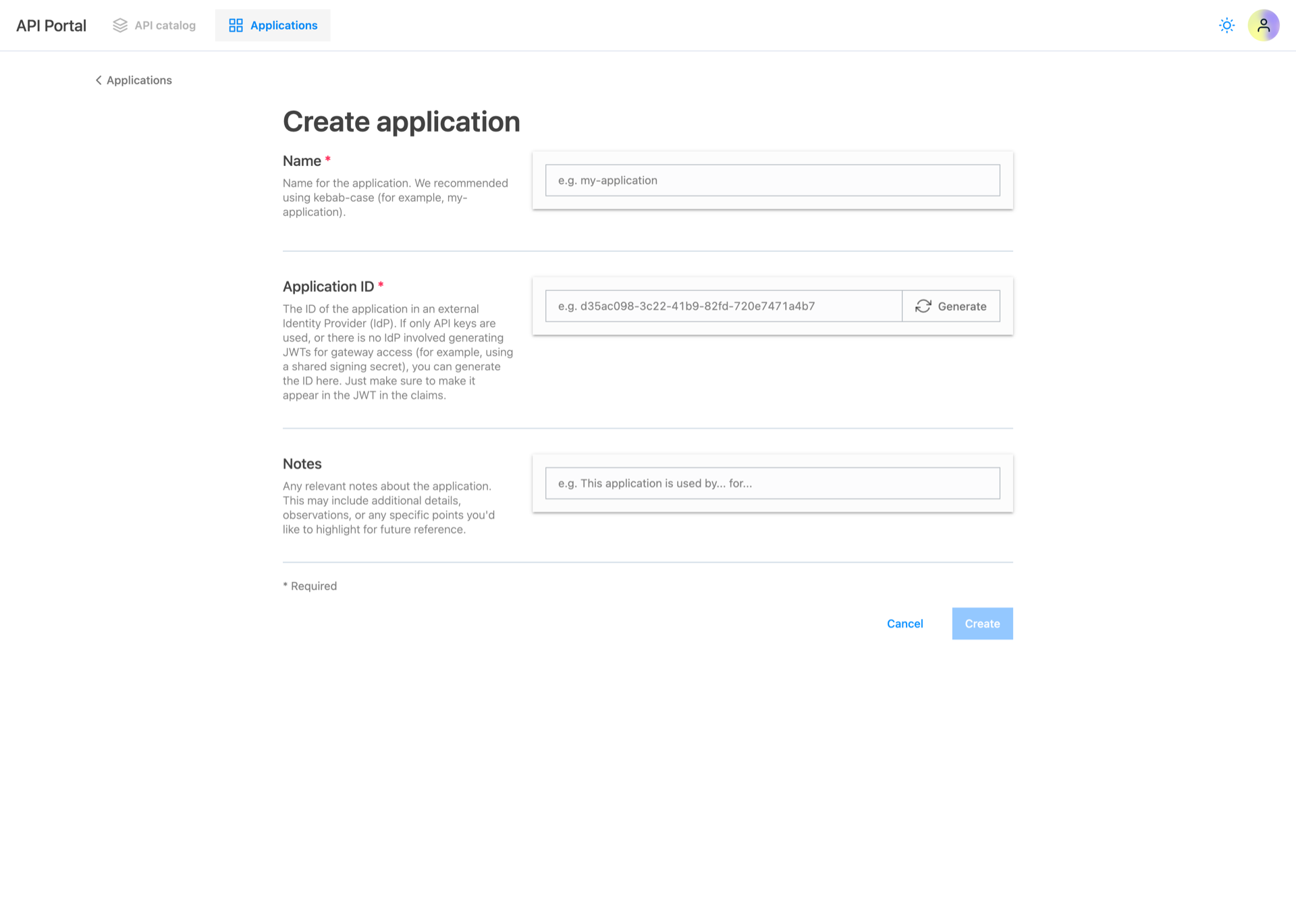 API Portal Create Application