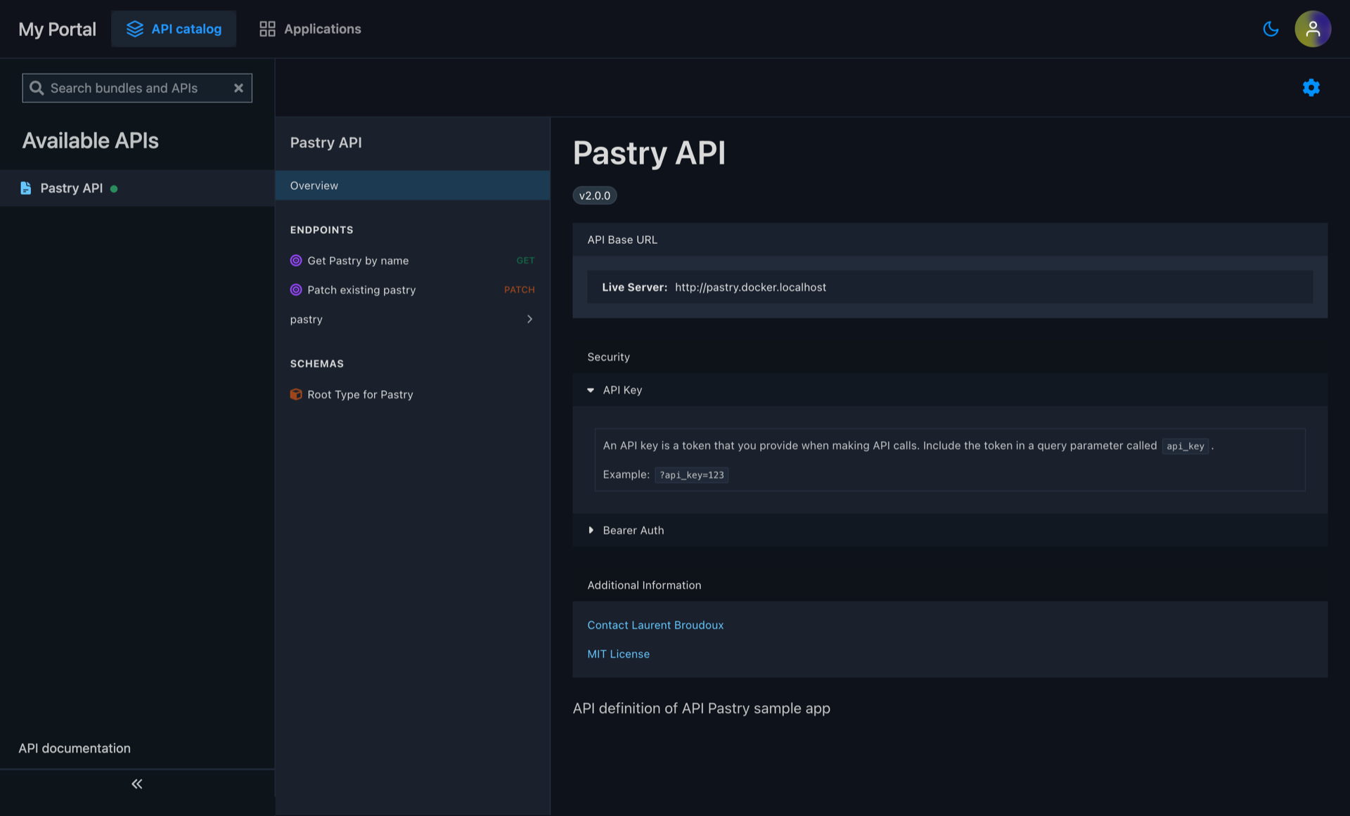 API overview page in API portal