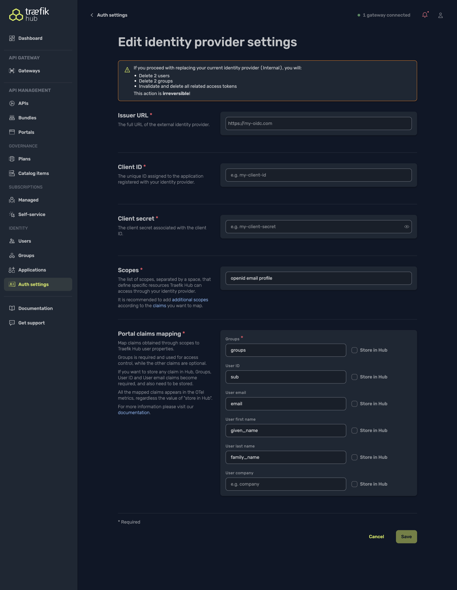 Auth settings – OIDC form