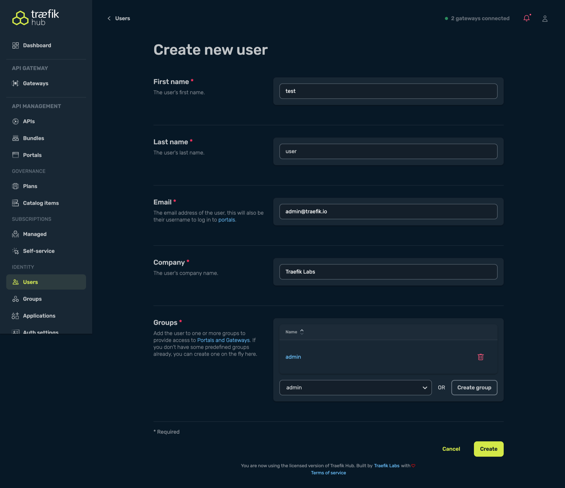 Create user admin