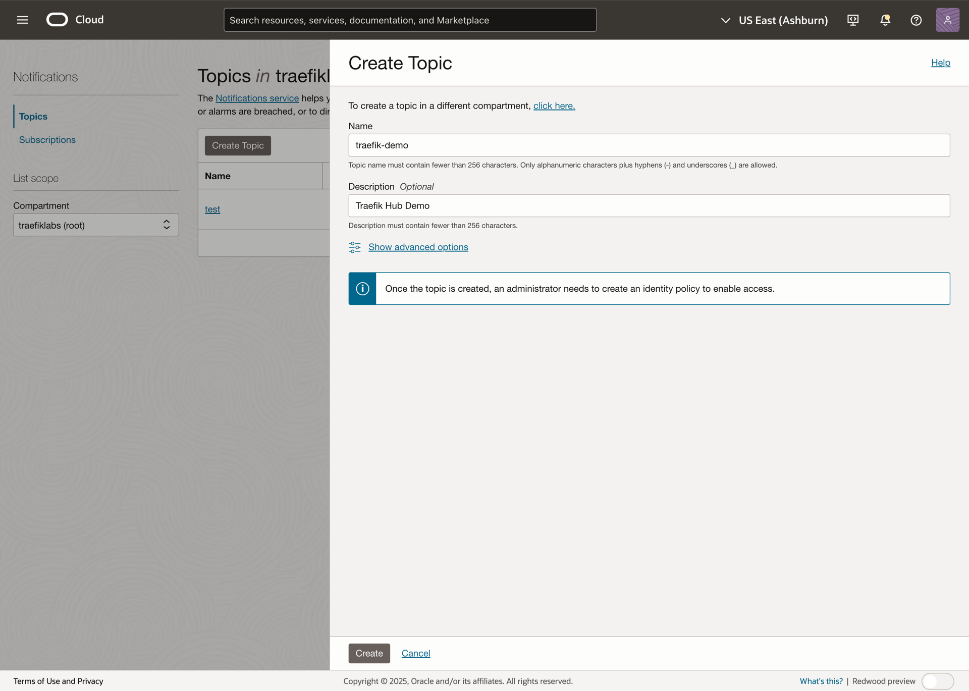 OCI Create Topic Menu
