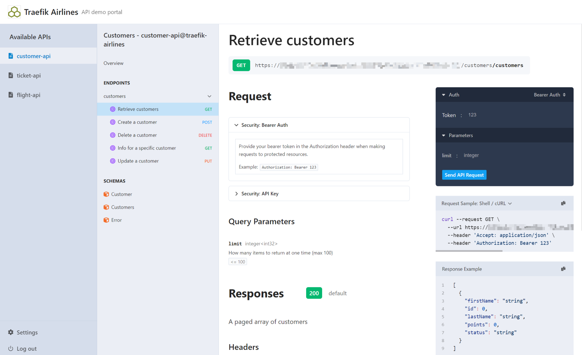 API Portal showing an API with rate limit.