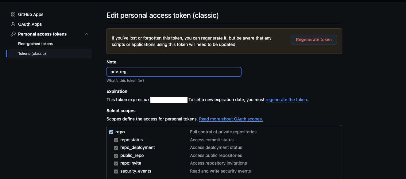 GitHub Personal Access Token configuration showing the repo scope selected