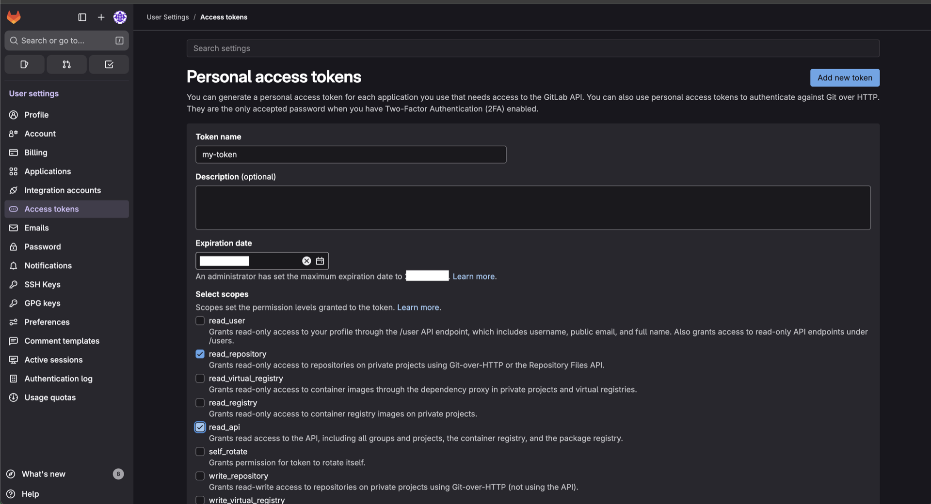 GitLab Personal Access Token settings showing read_api and read_repository scopes selected