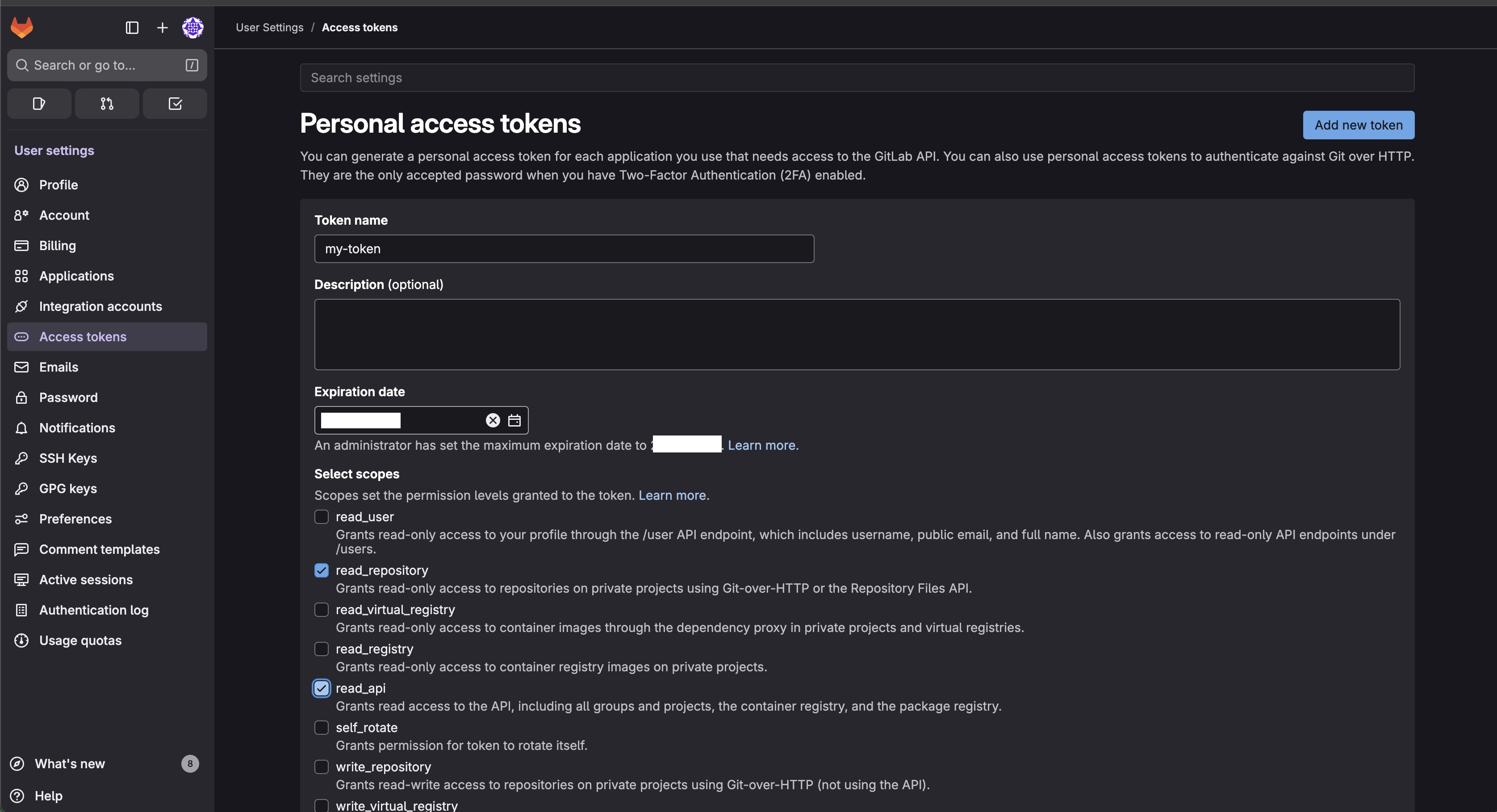GitLab Personal Access Token settings showing read_api and read_repository scopes selected
