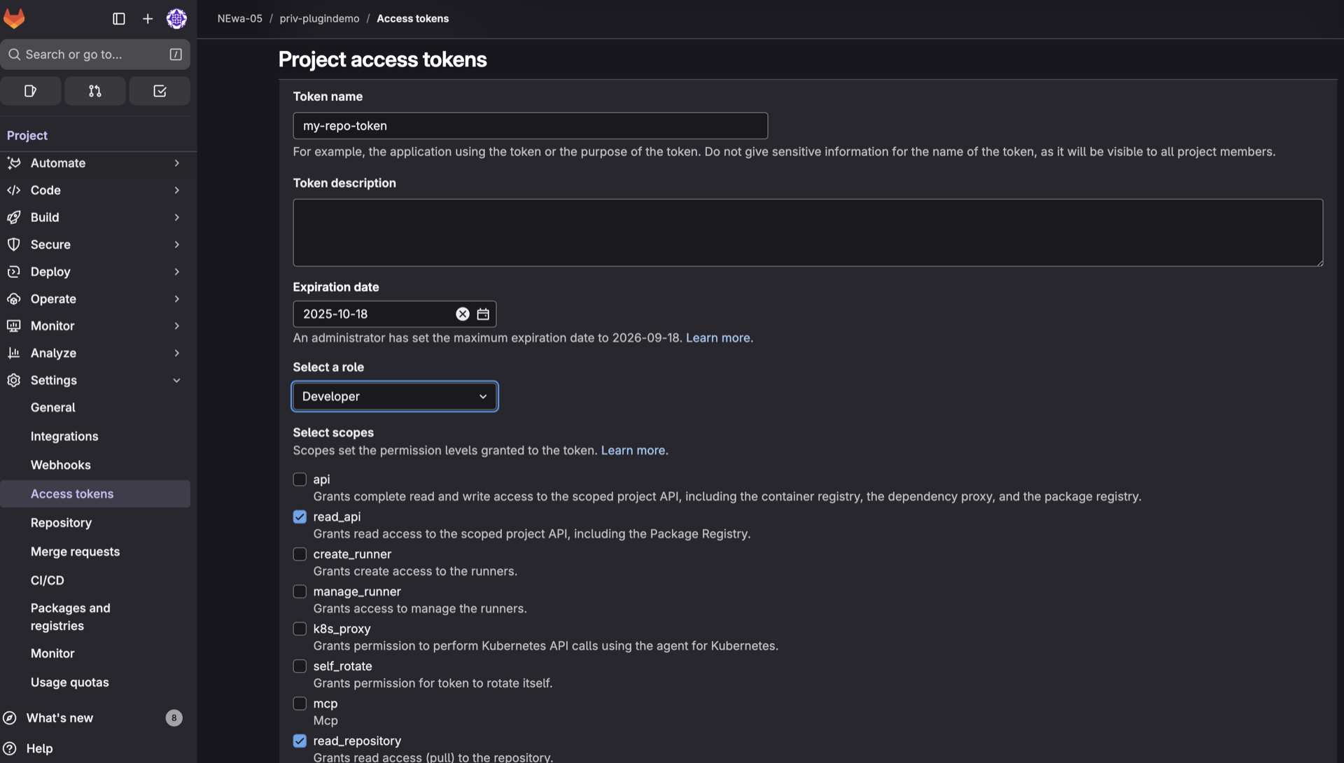 GitLab Project Access Token configuration showing Developer role and required scopes
