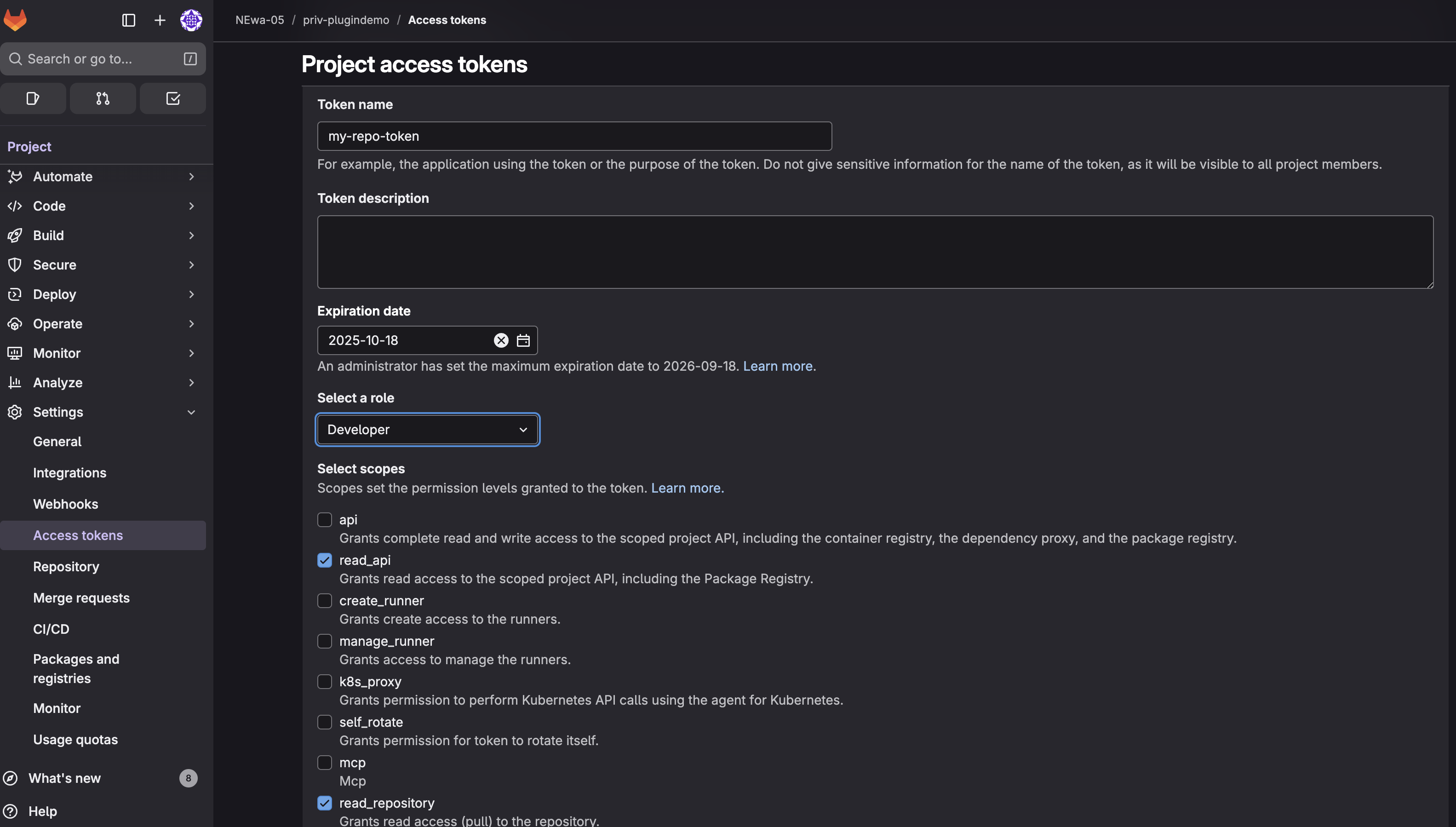 GitLab Project Access Token configuration showing Developer role and required scopes