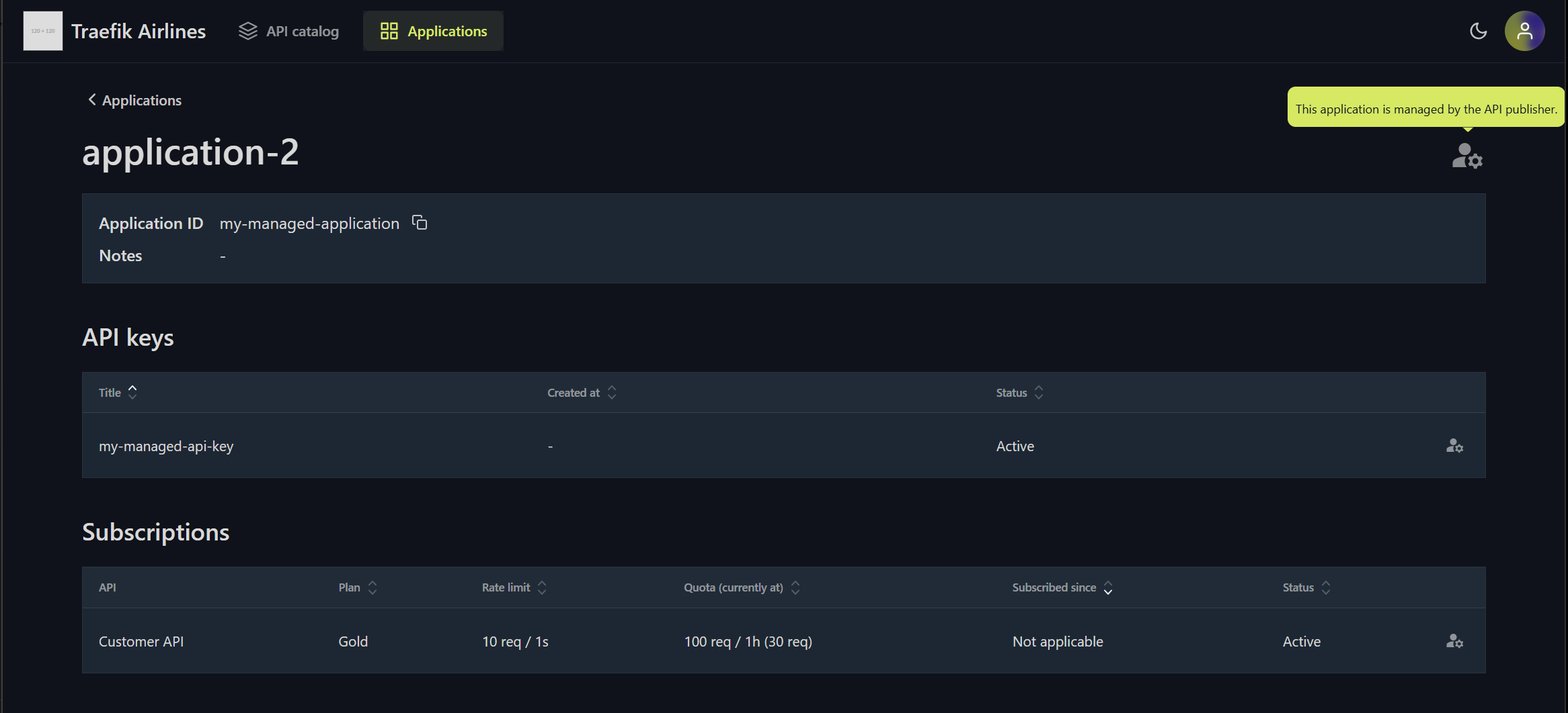 Managed Application Details in the API Portal