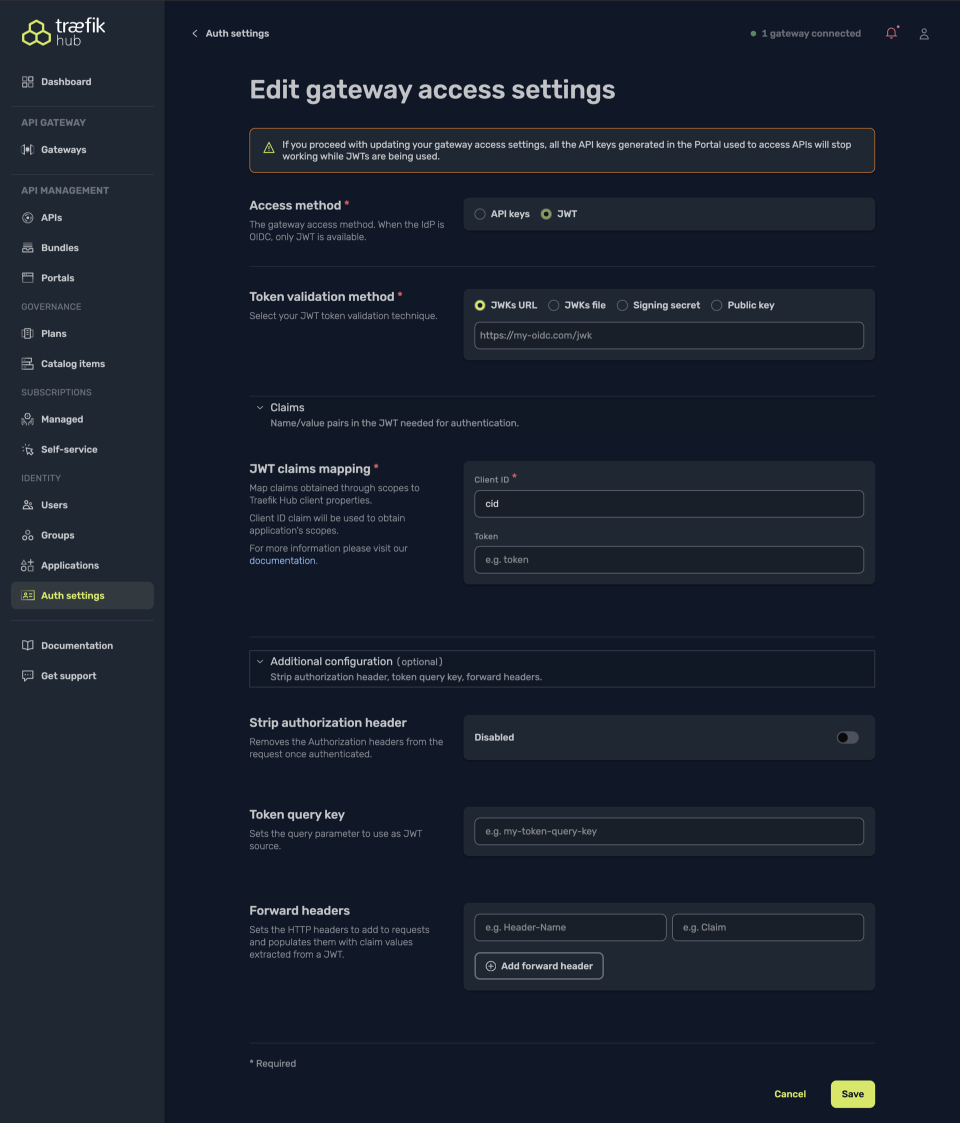 Auth settings – JWT Configuration form