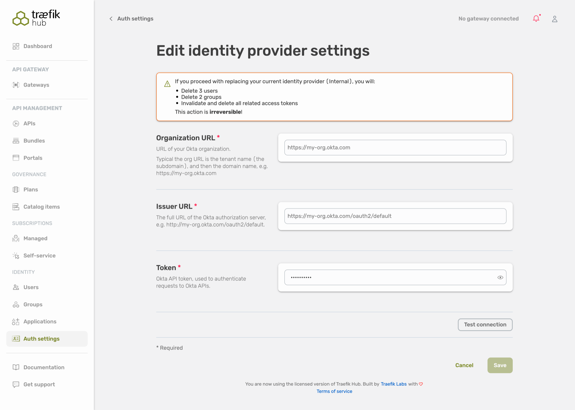 Dialog box about the Okta configuration
