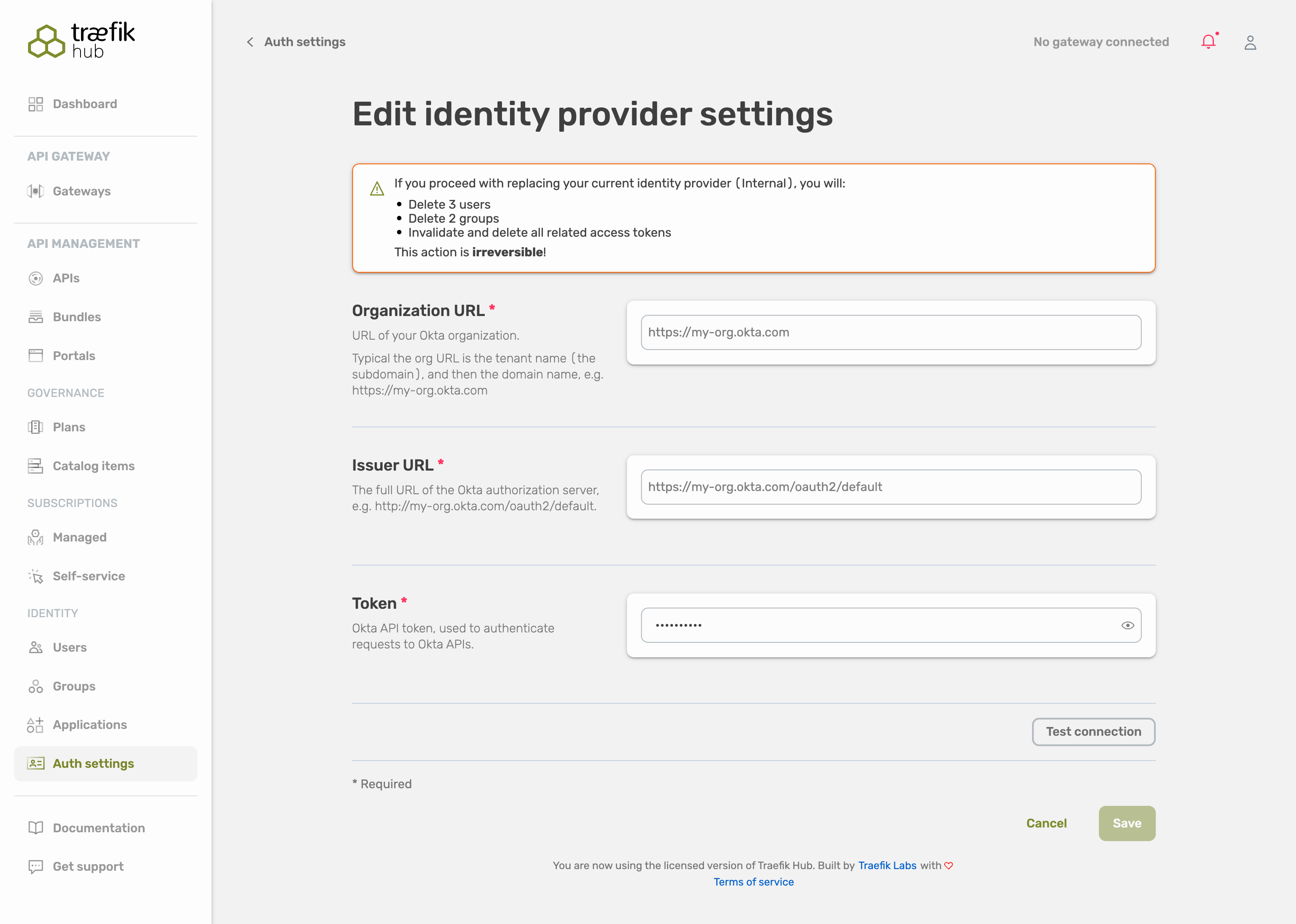 Dialog box about the Okta configuration