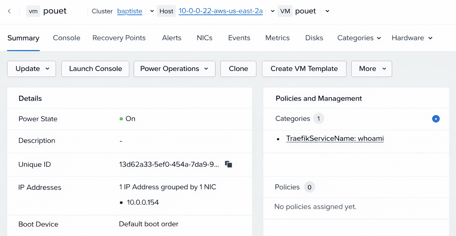 Prism Central VM category assignment interface showing multiple categories assigned to a VM