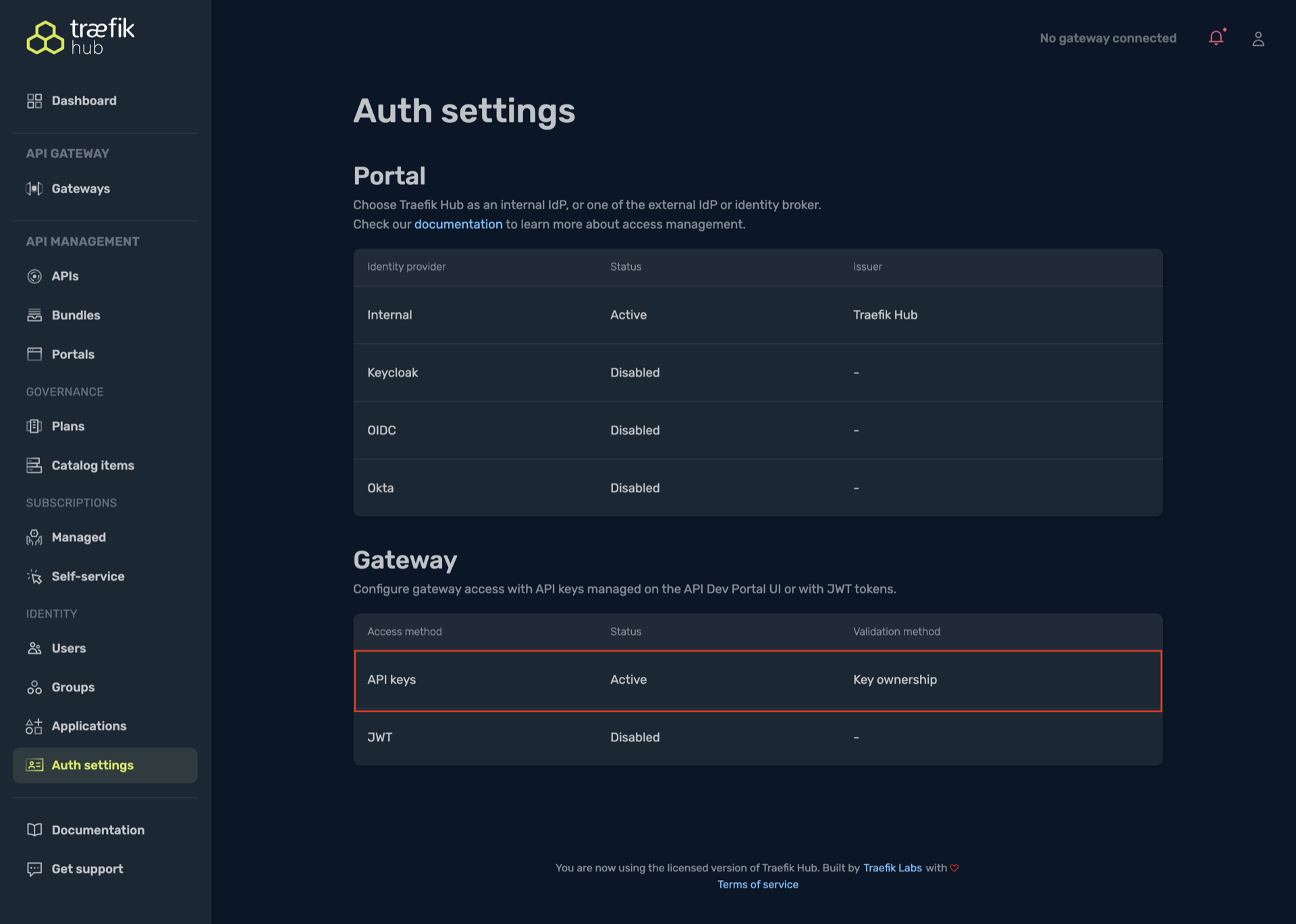 Select API Key authentication.