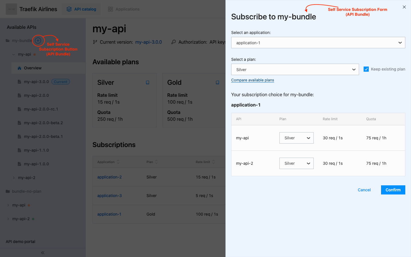 Self-service subscription form in API portal