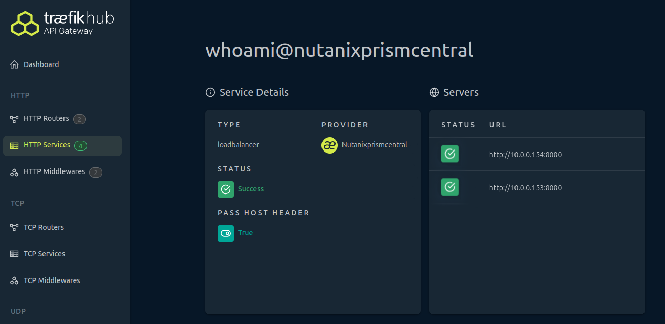 Traefik Hub dashboard showing the discovered whoami@nutanixprismcentral service with 2 backend servers