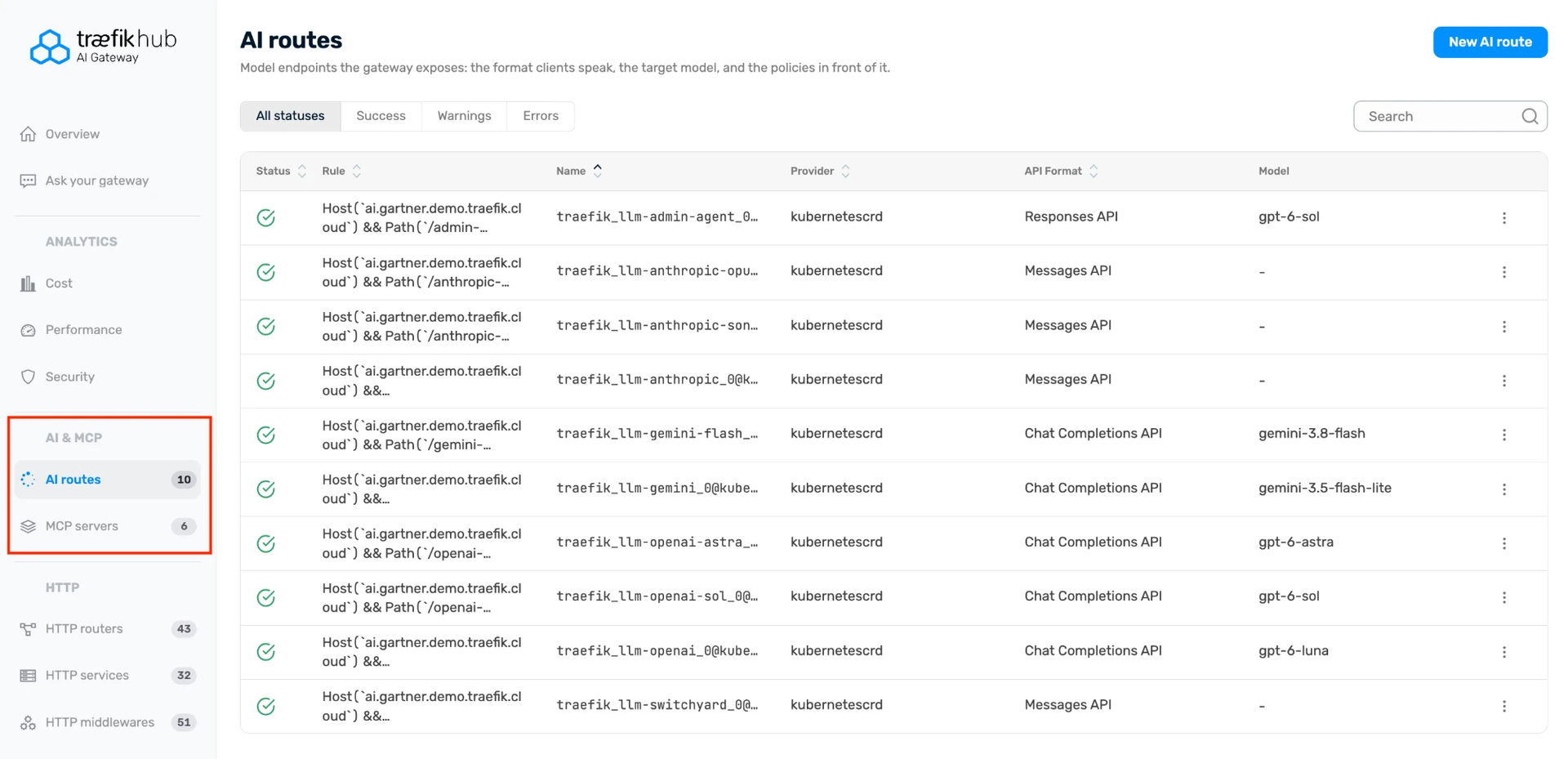 The Administration UI AI routes page