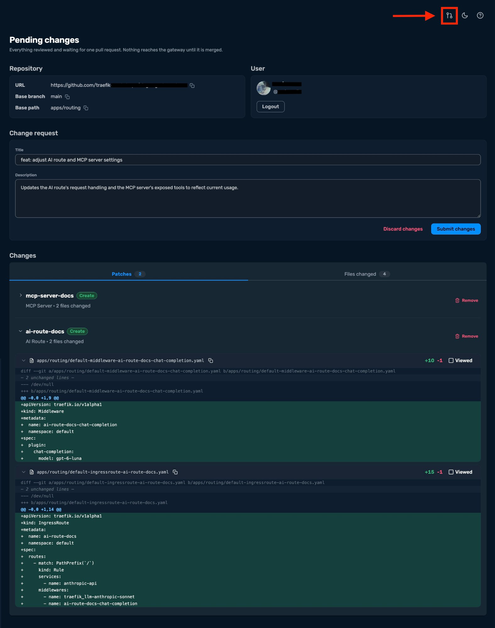 The Administration UI GitOps pull request view