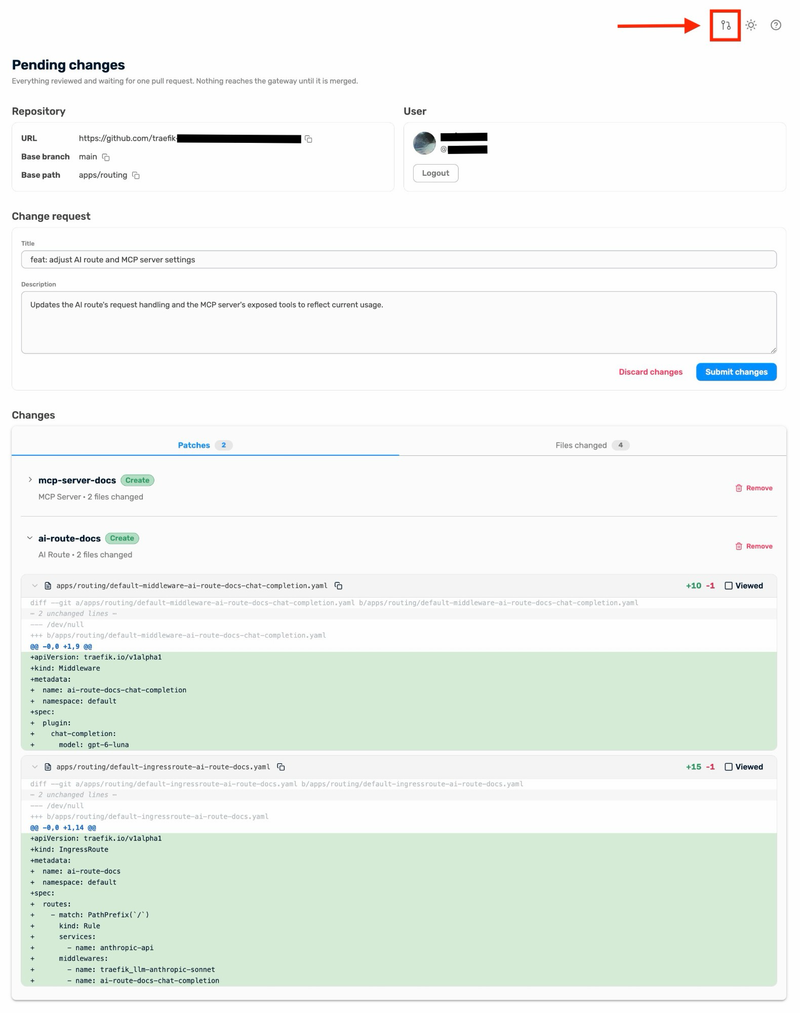 The Administration UI GitOps pull request view