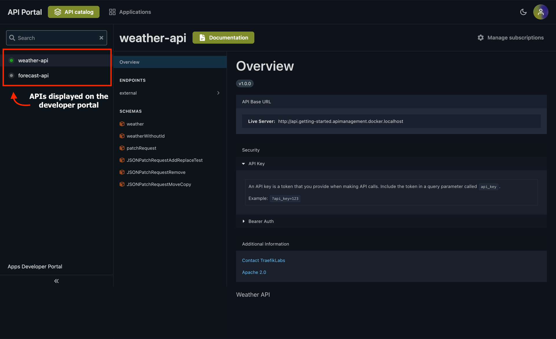 Developer portal catalog items