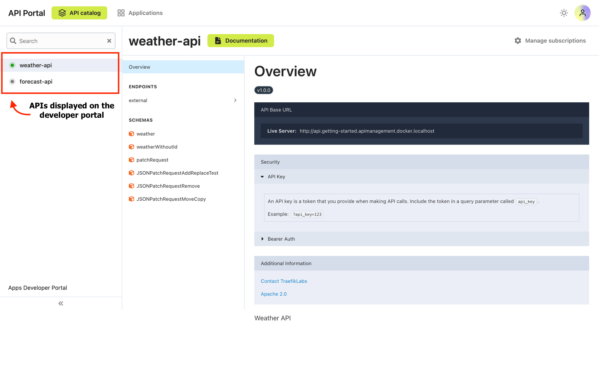 Developer portal catalog items