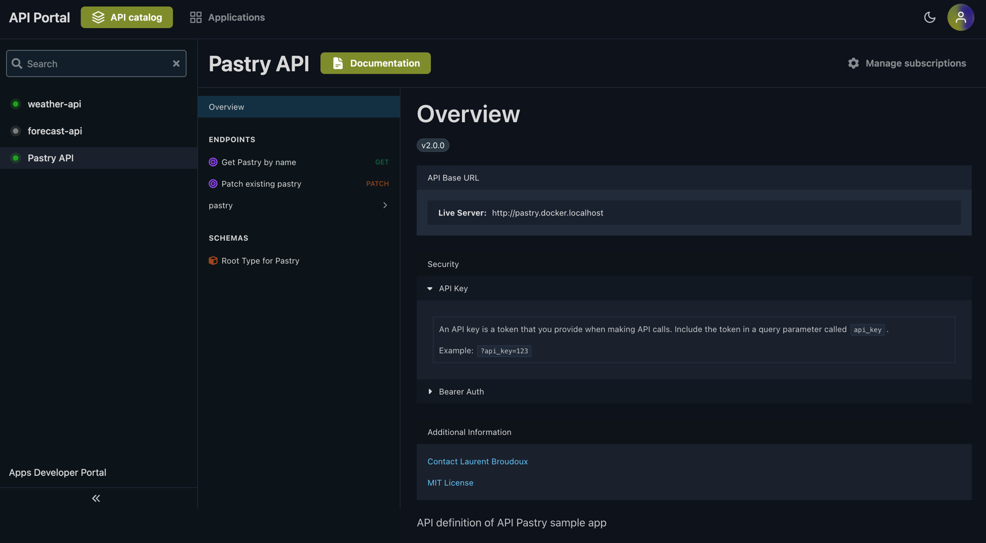 API overview page in the API portal