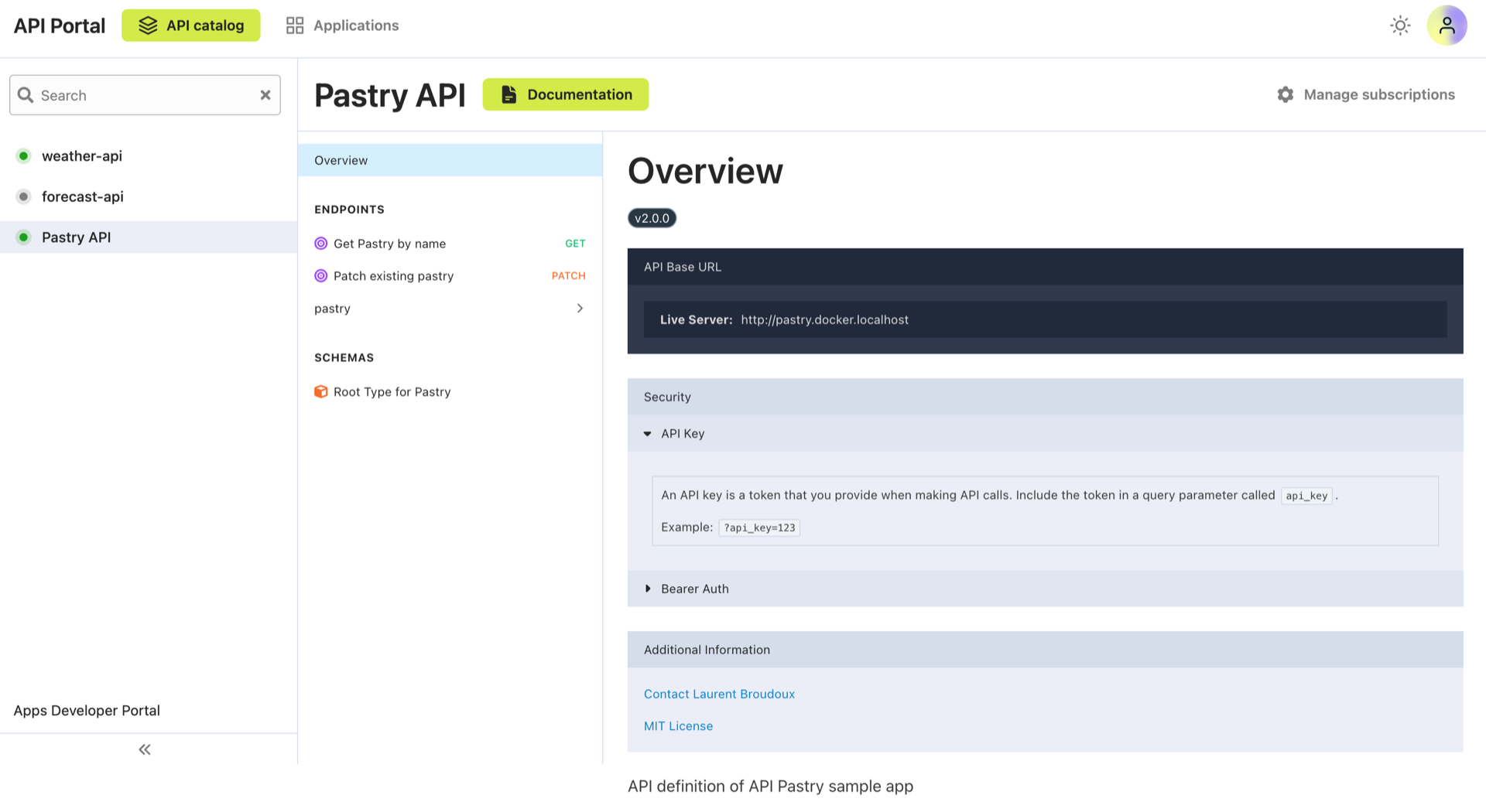 API overview page in the API portal