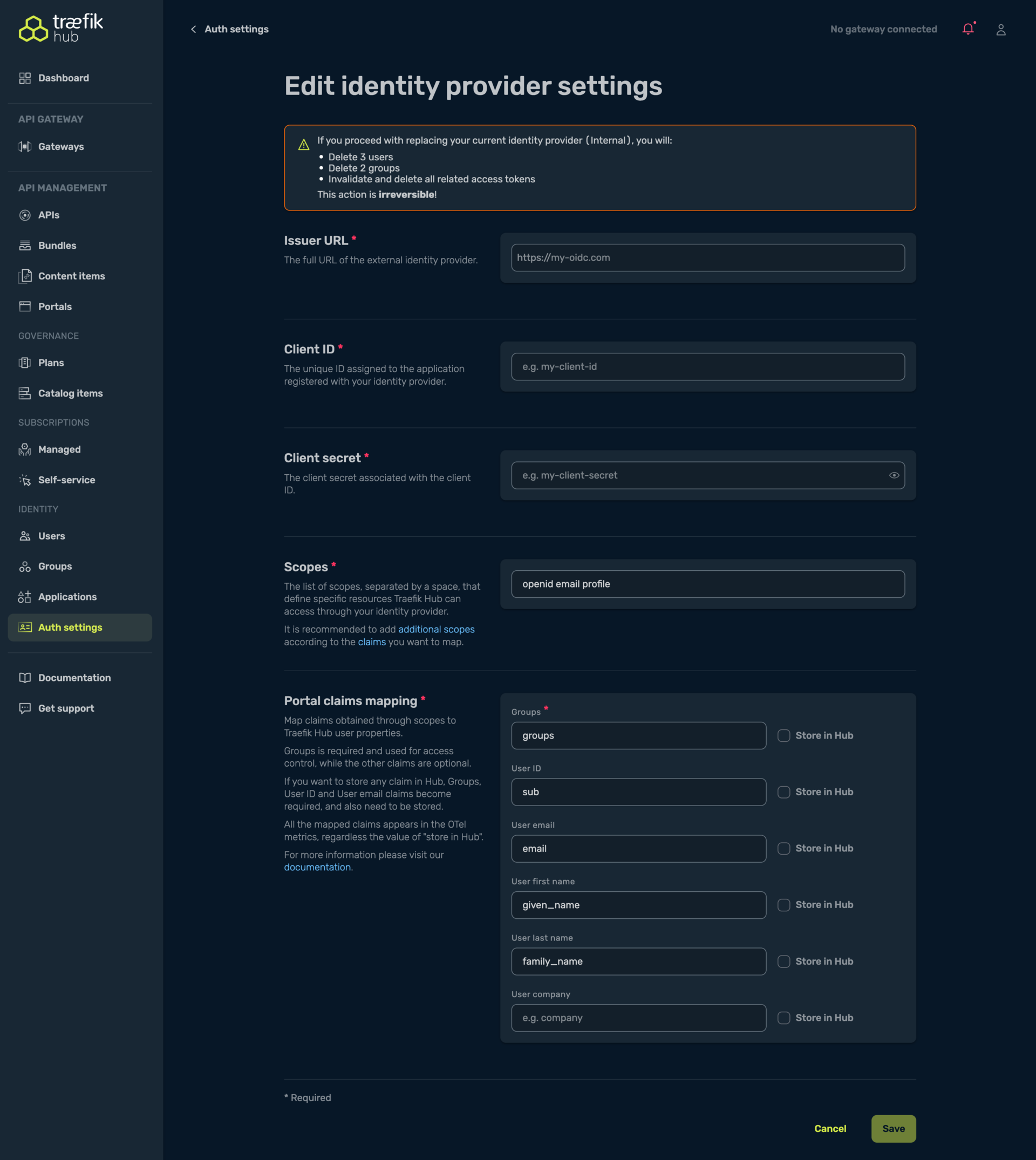 Auth settings - OIDC form