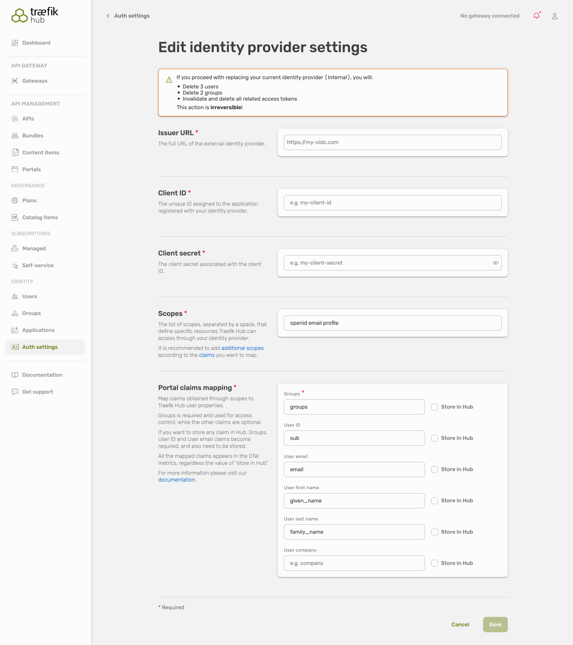 Auth settings - OIDC form