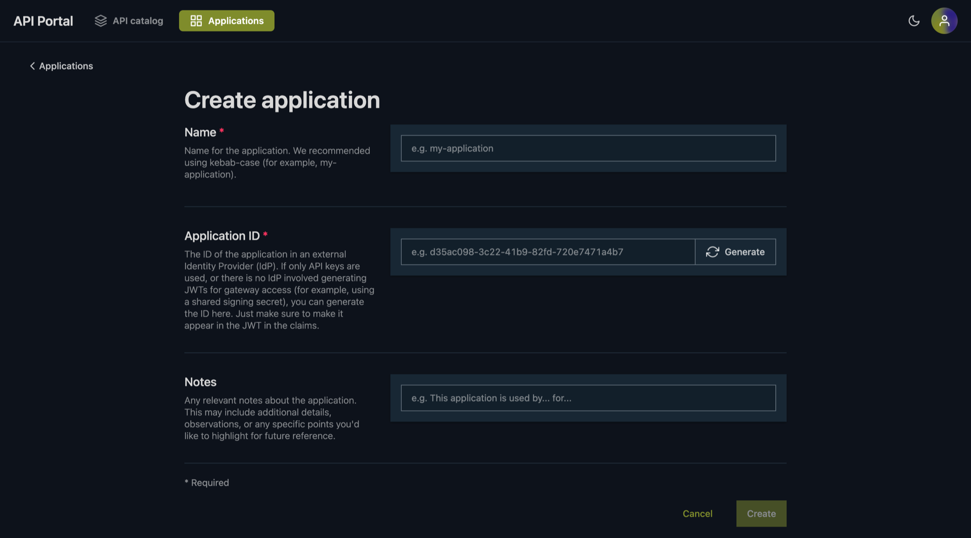 API Portal Create Application
