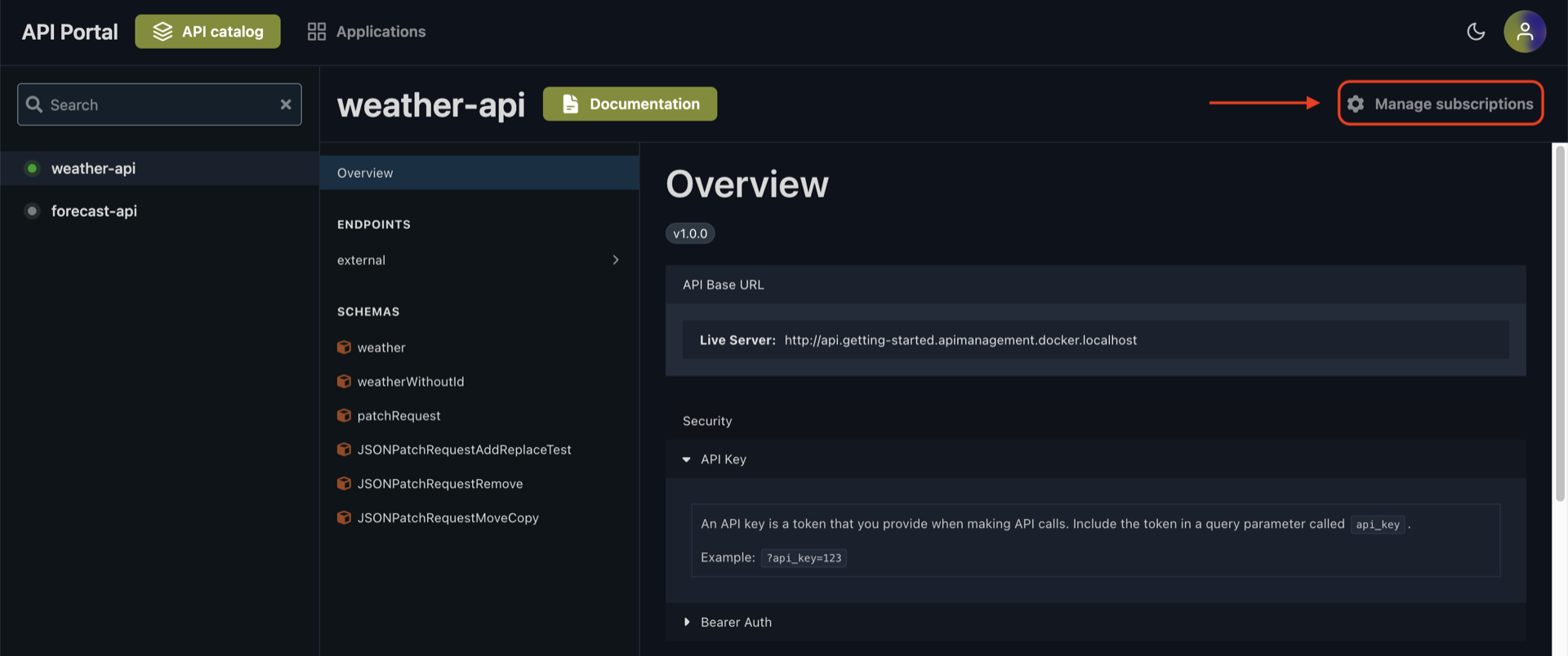 API portal subscription page