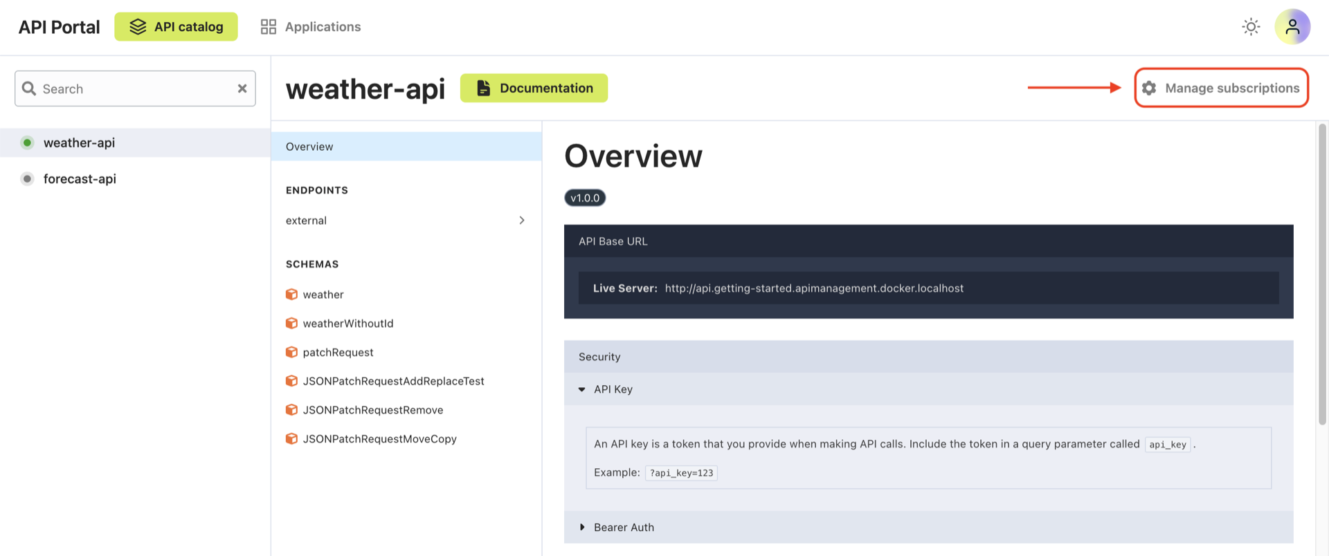 API portal subscription page