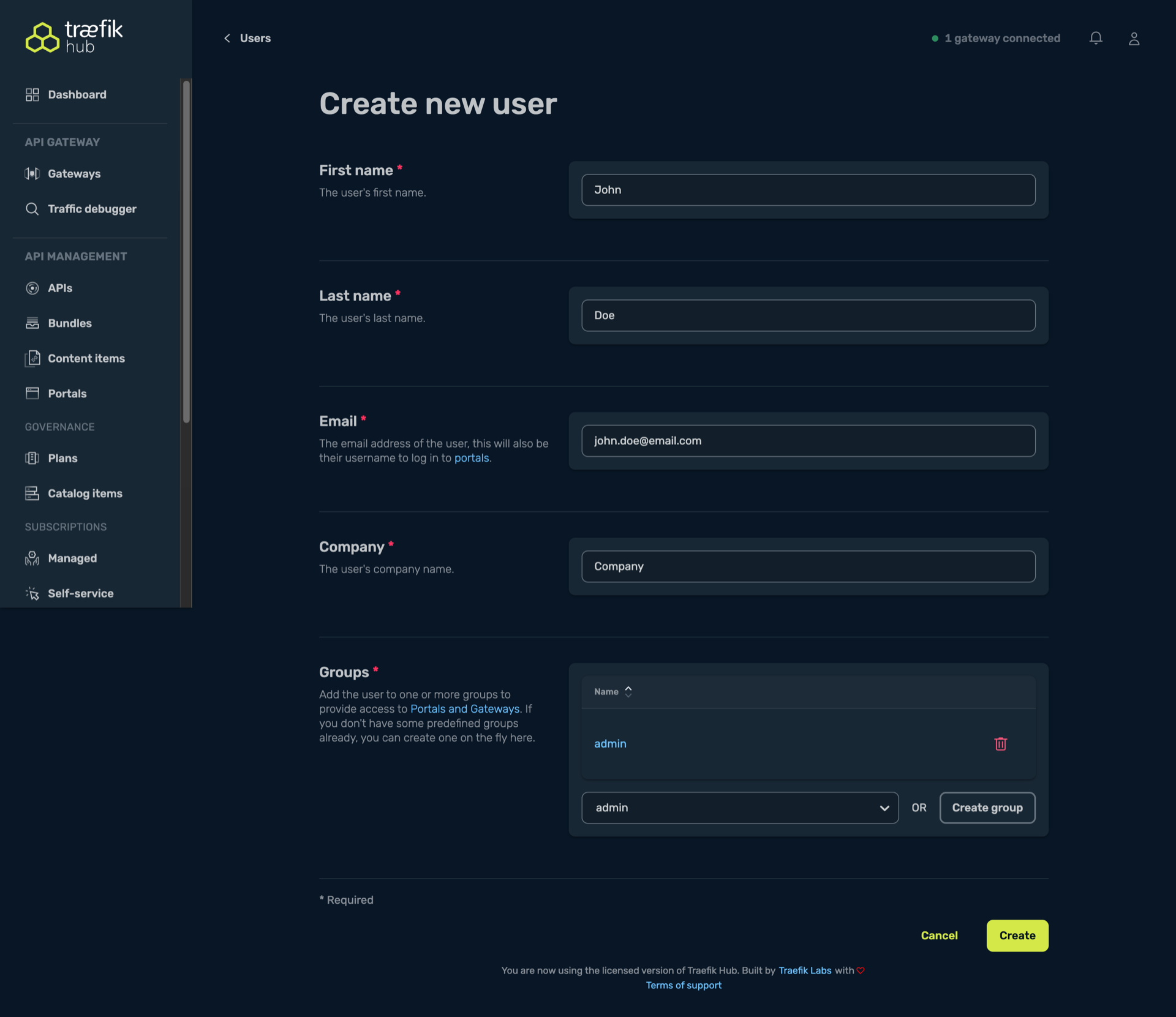 Create user admin