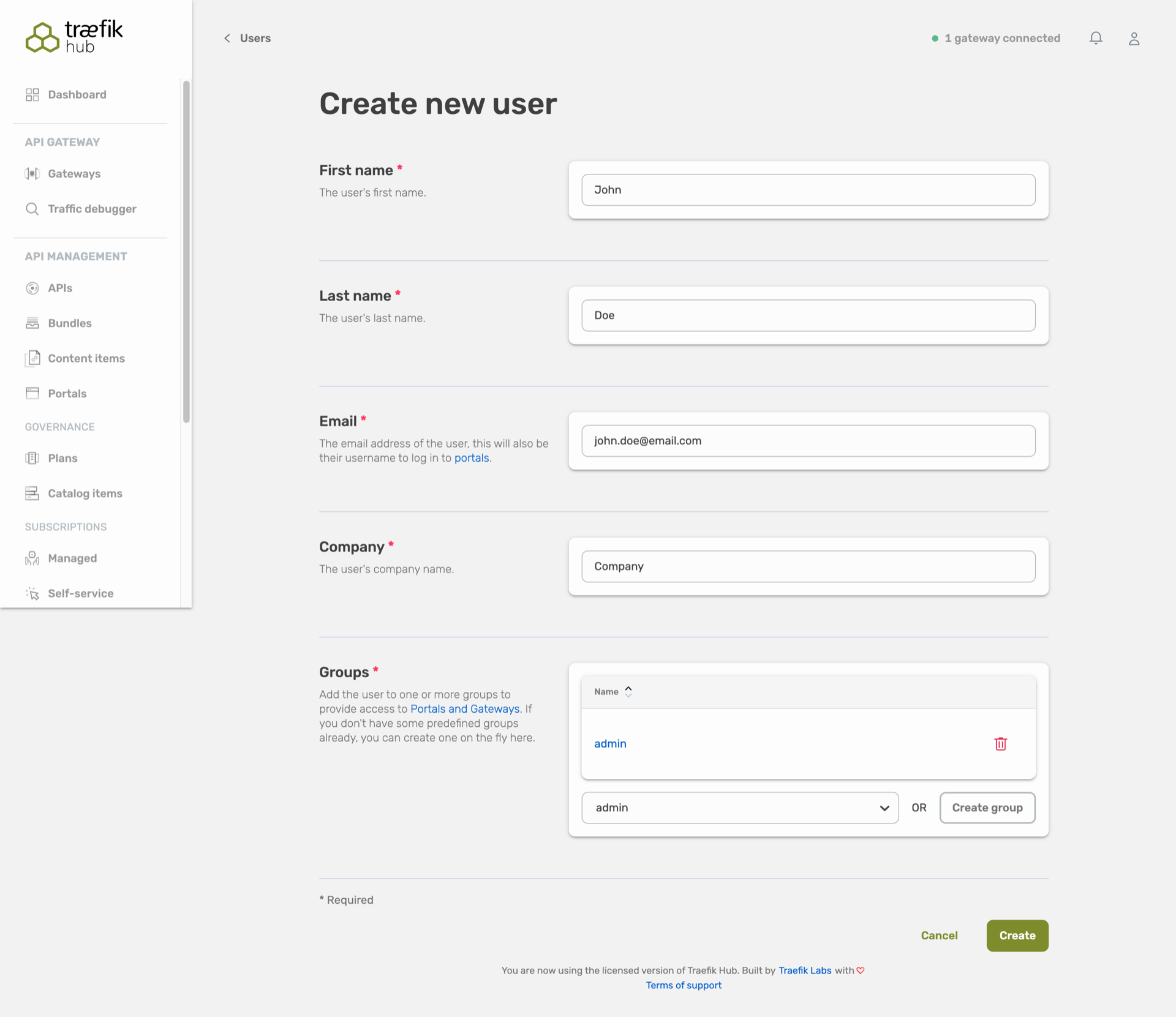 Create user admin