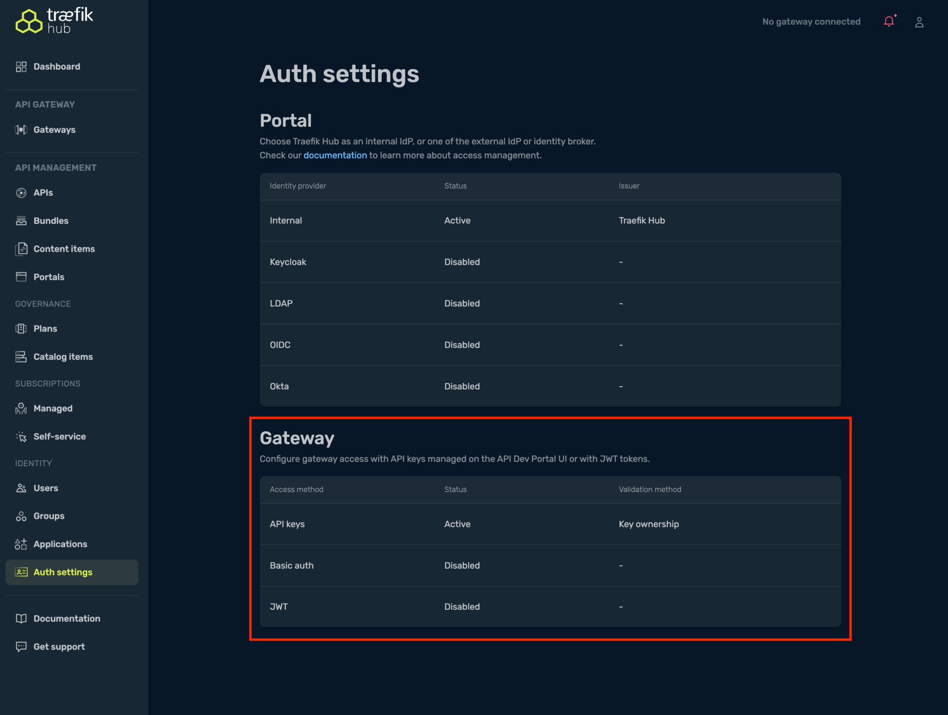 API auth configuration form in Hub UI