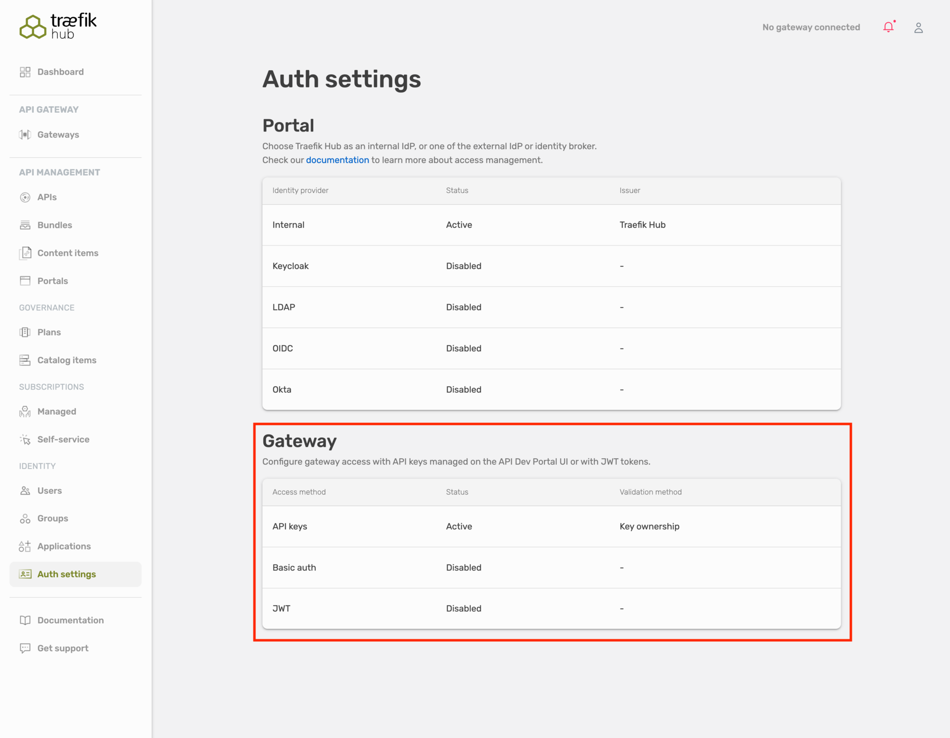 API auth configuration form in Hub UI