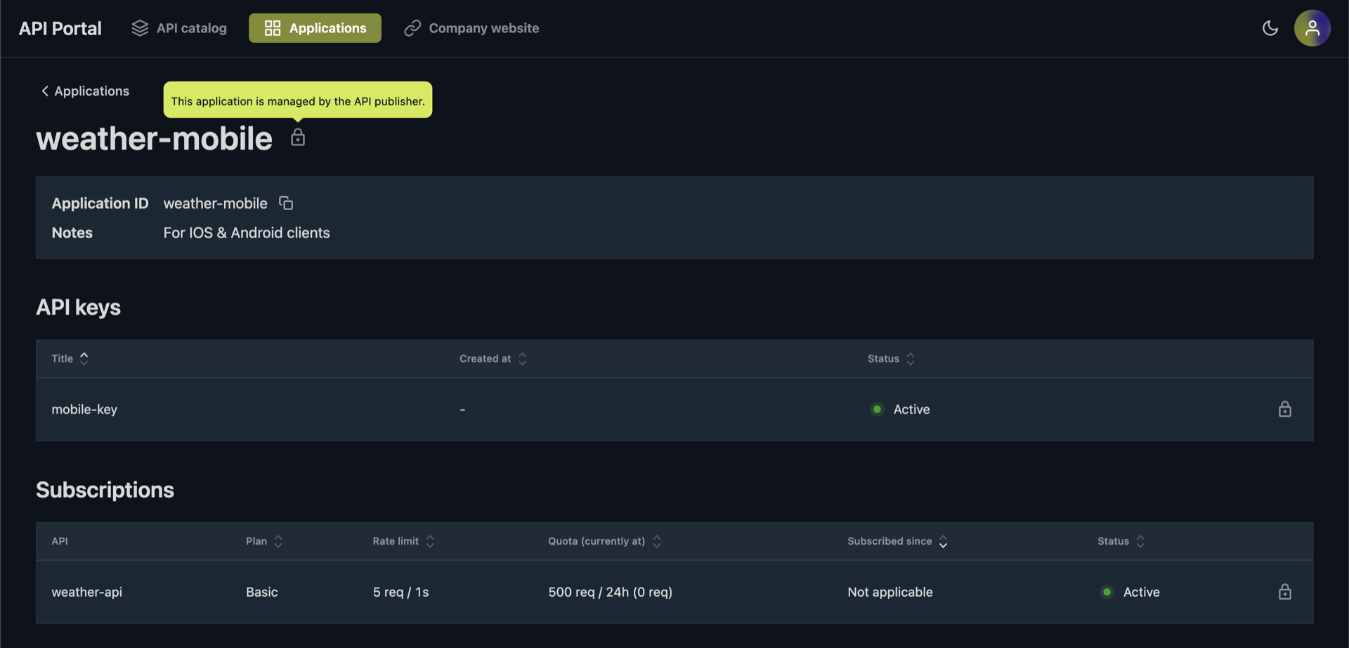 Managed application details in the API portal
