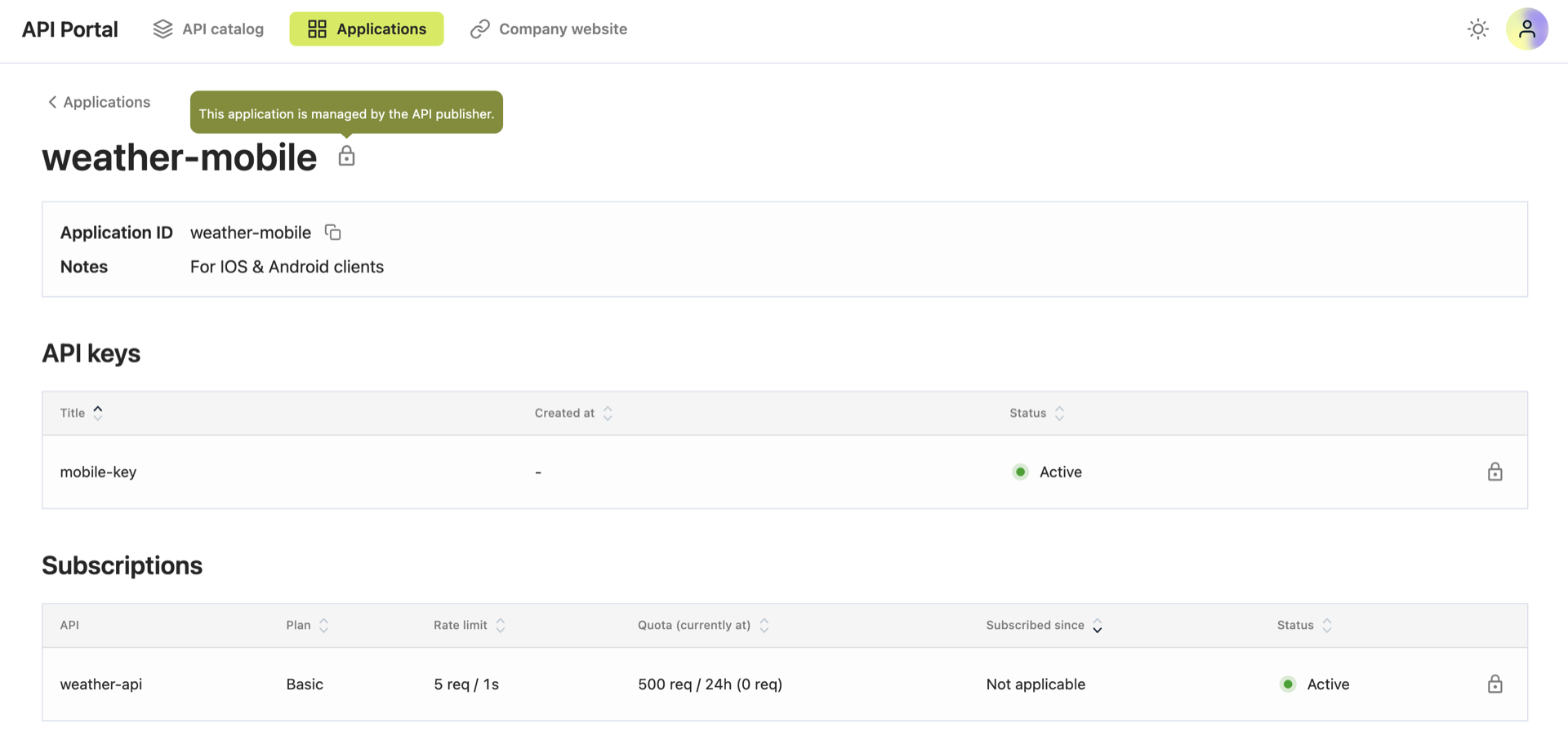 Managed application details in the API portal