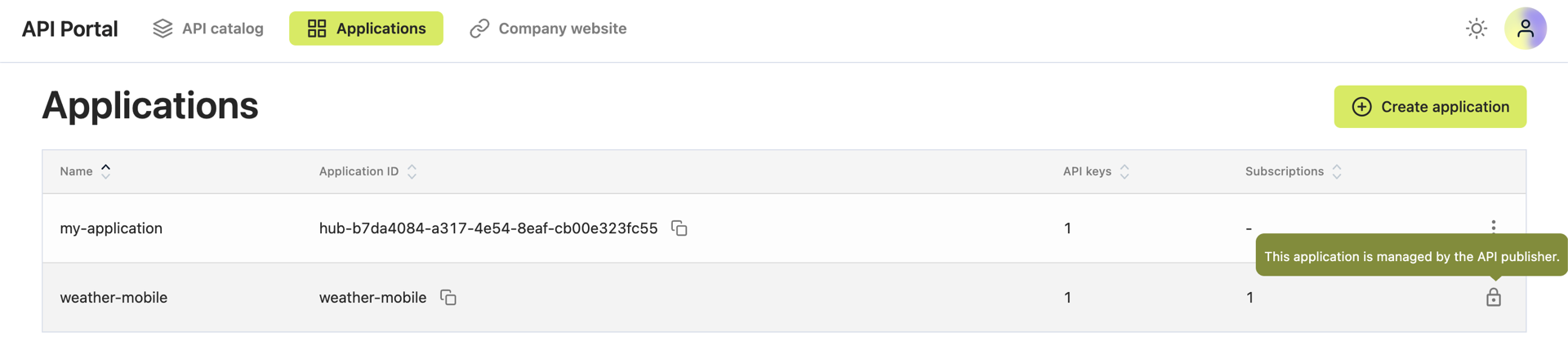 Managed application in the API portal