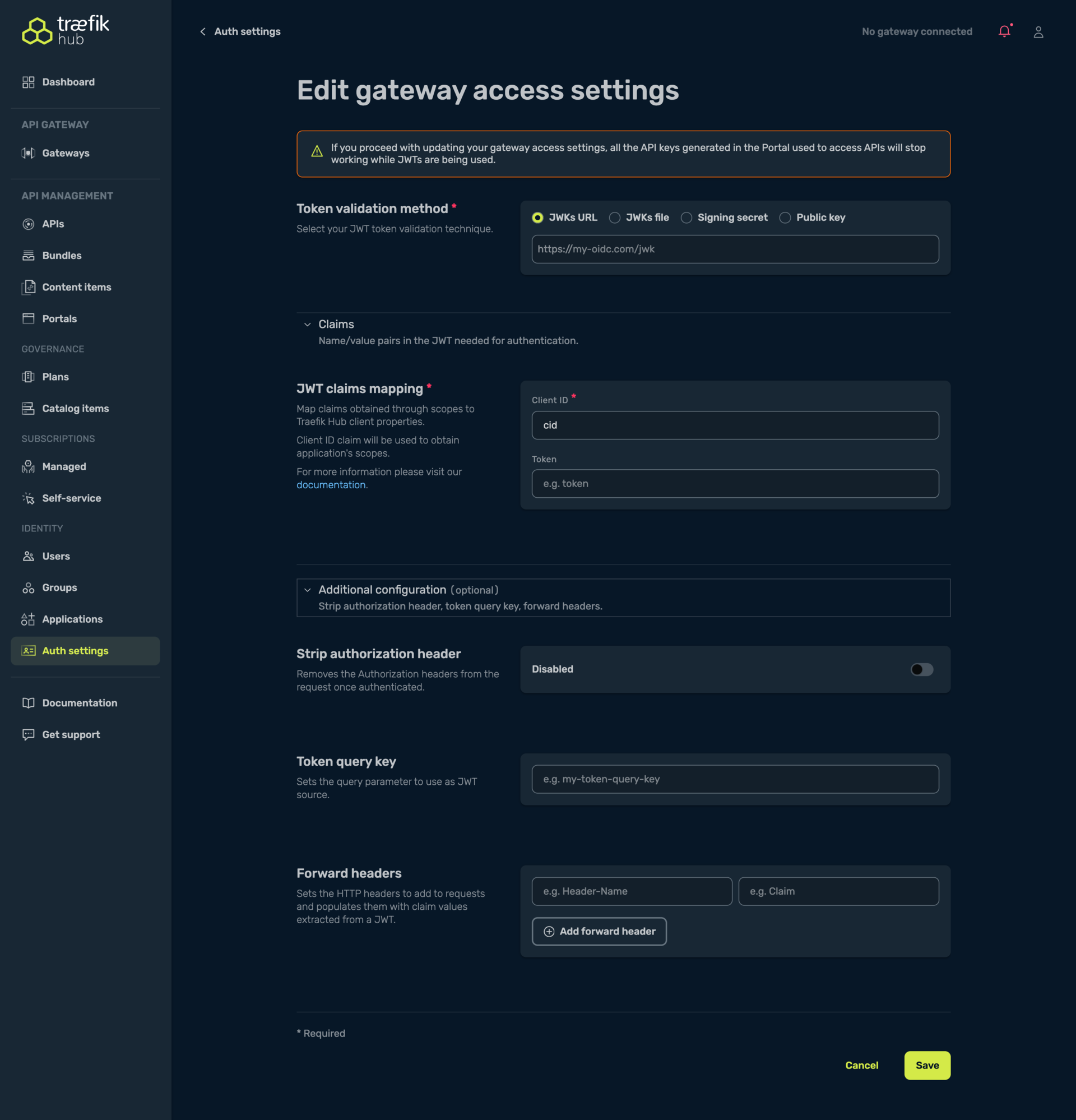 Auth settings - JWT configuration