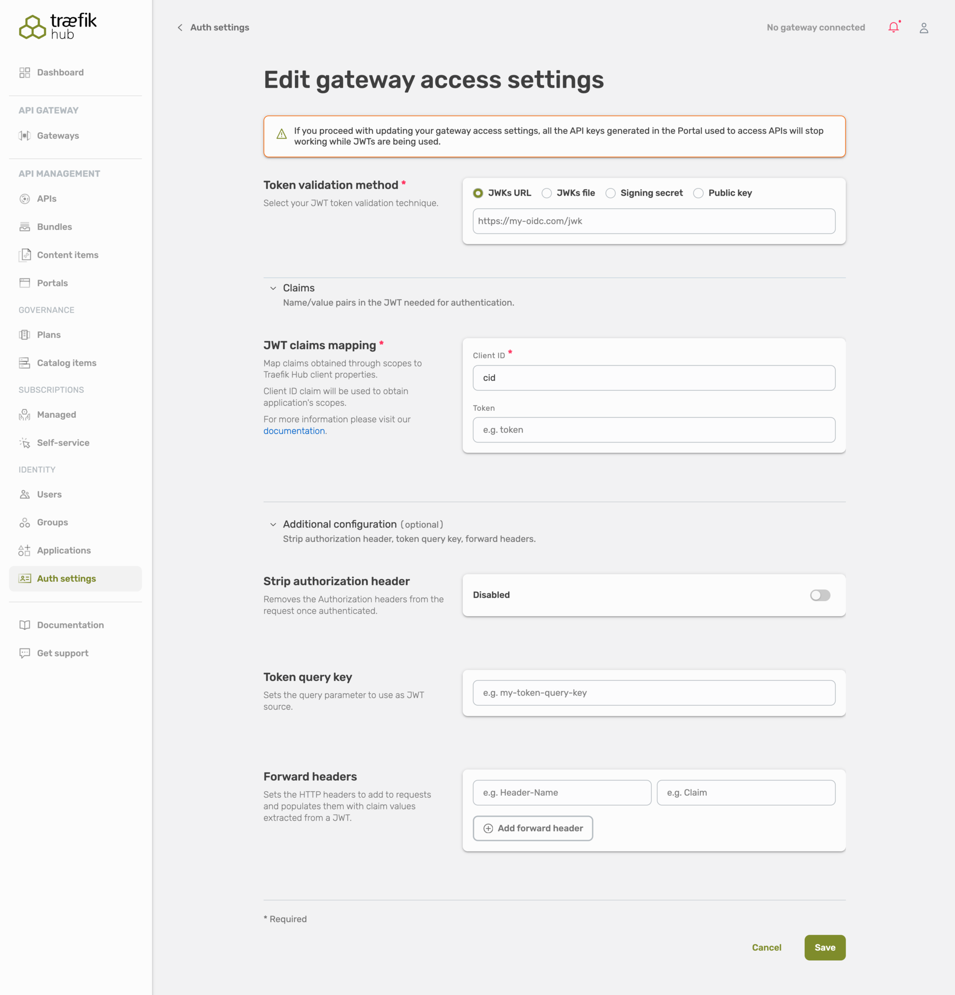 Auth settings - JWT configuration