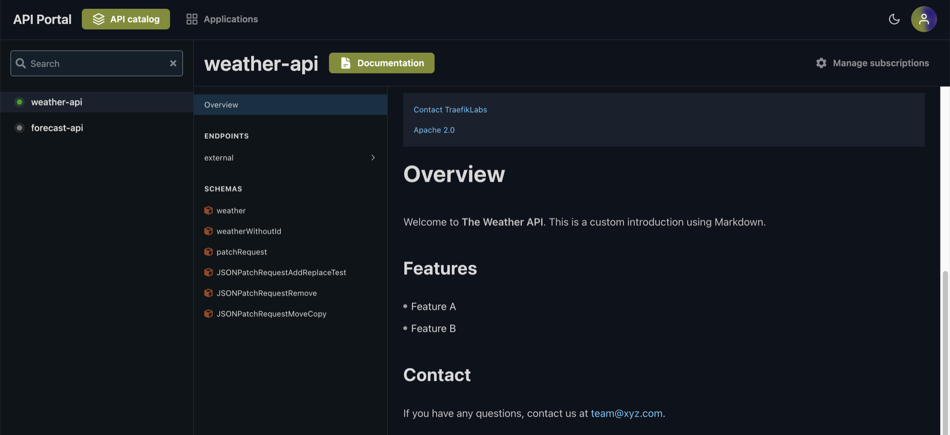 Open API custom content in API portal
