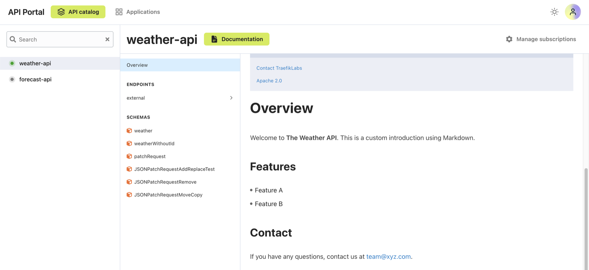 Open API custom content in API portal